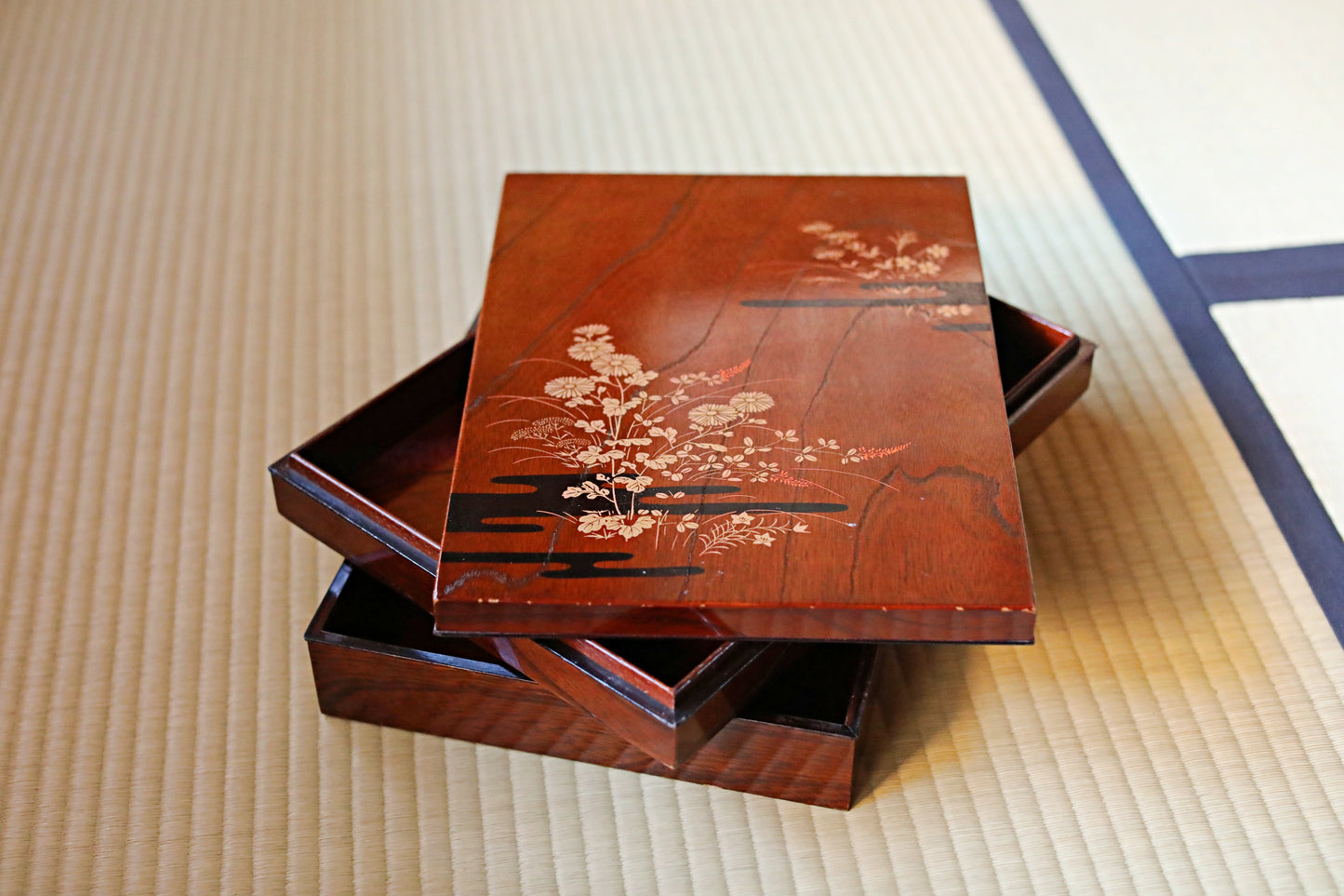 Japanese Makie Gold Lacquer Dark brown with Floral designs wooden box Two-tiered for letter container