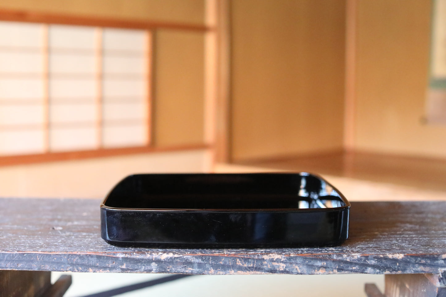 Japanese URUSHI lacquer square tray OBON black gold Nobunaga Family crest wooden tableware Tea ceremony Makie OZEN 11.9in/30.2cm