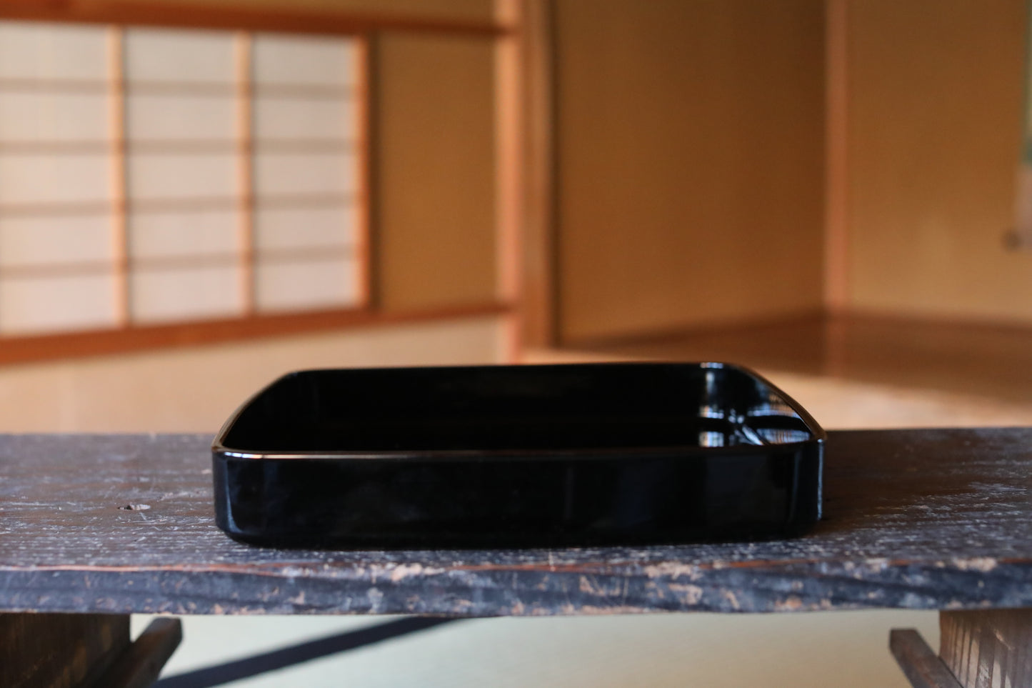 Japanese URUSHI lacquer square tray OBON black gold Nobunaga Family crest wooden tableware Tea ceremony Makie OZEN 11.9in/30.2cm