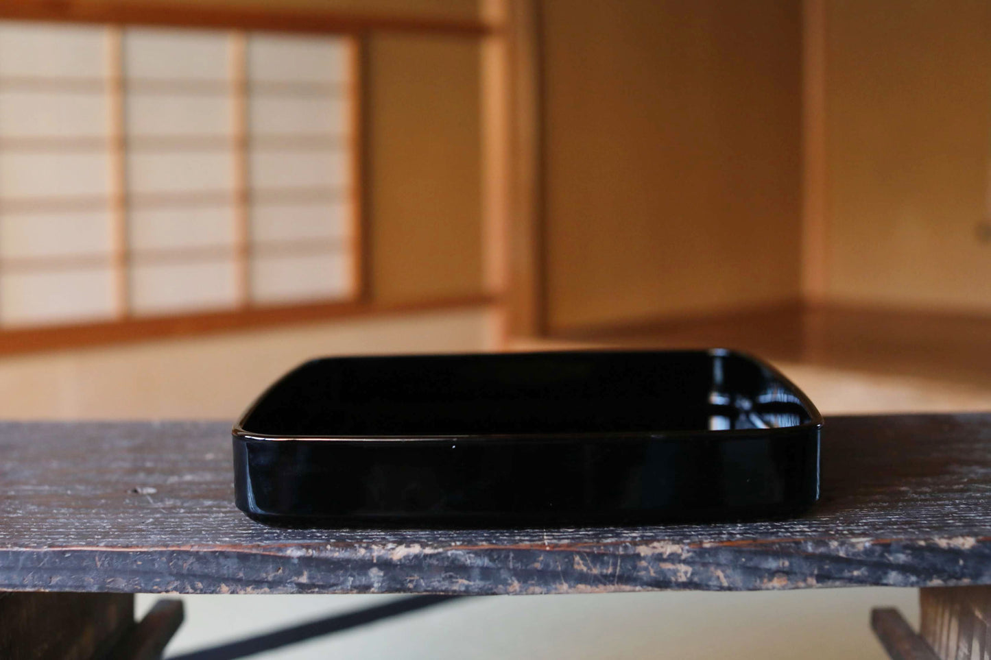Japanese URUSHI lacquer square tray OBON black gold Nobunaga Family crest wooden tableware Tea ceremony Makie OZEN 11.9in/30.2cm
