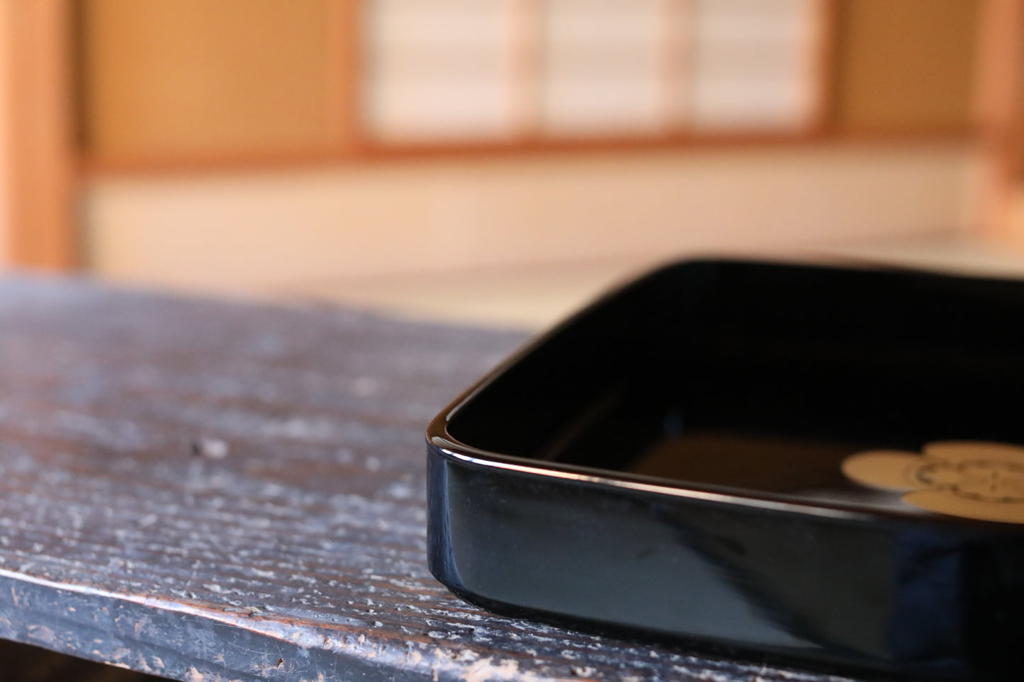 Japanese URUSHI lacquer square tray OBON black gold Nobunaga Family crest wooden tableware Tea ceremony Makie OZEN 11.9in/30.2cm