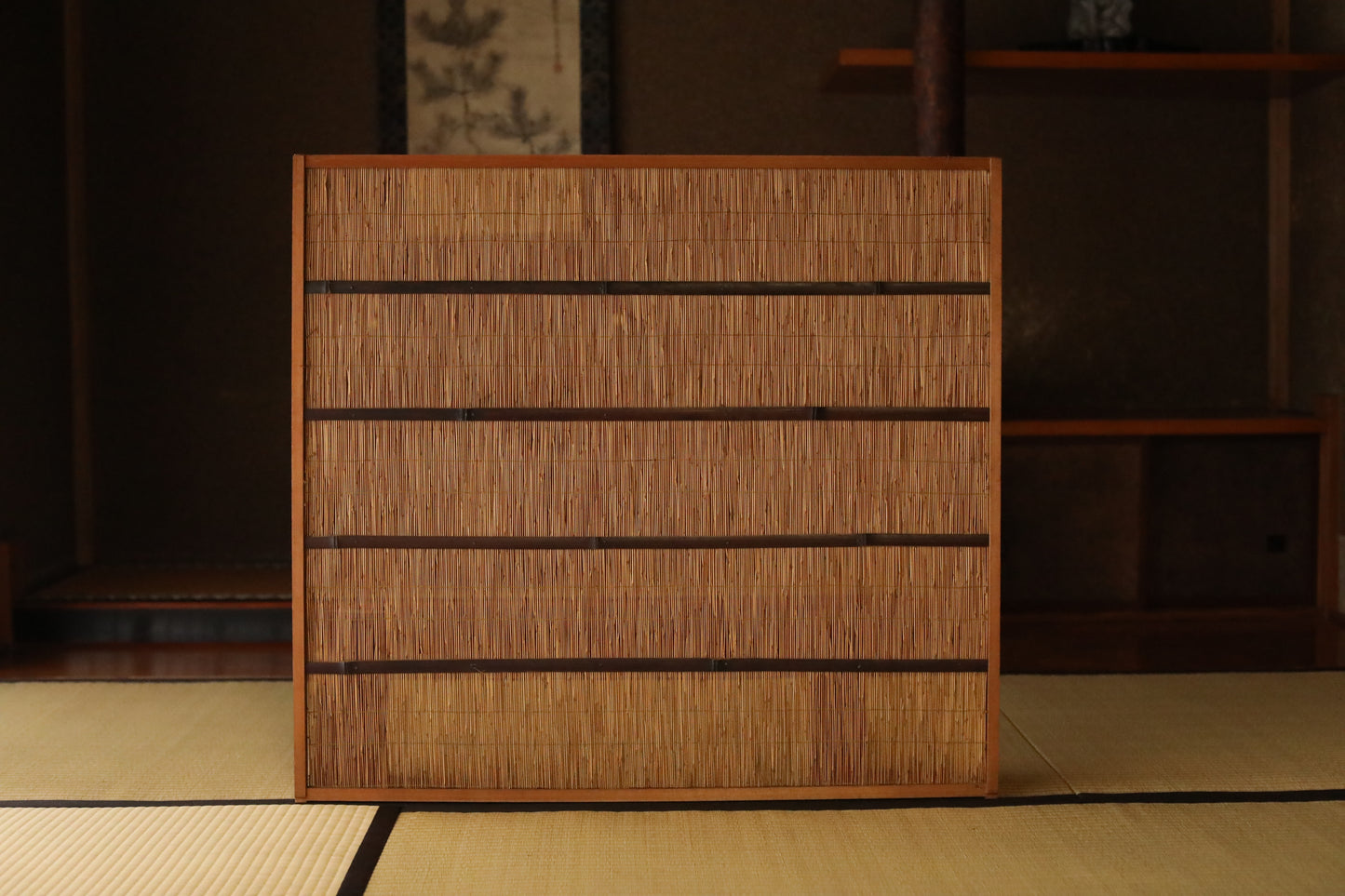 Vintage Japanese Reed Partition Screen, Bamboo Straw Wood Shoji Divider (H83×91in/H32.7×35.8cm)