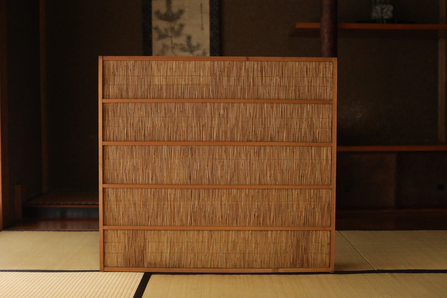 Vintage Japanese Reed Partition Screen, Bamboo Straw Wood Shoji Divider (H83×91in/H32.7×35.8cm)