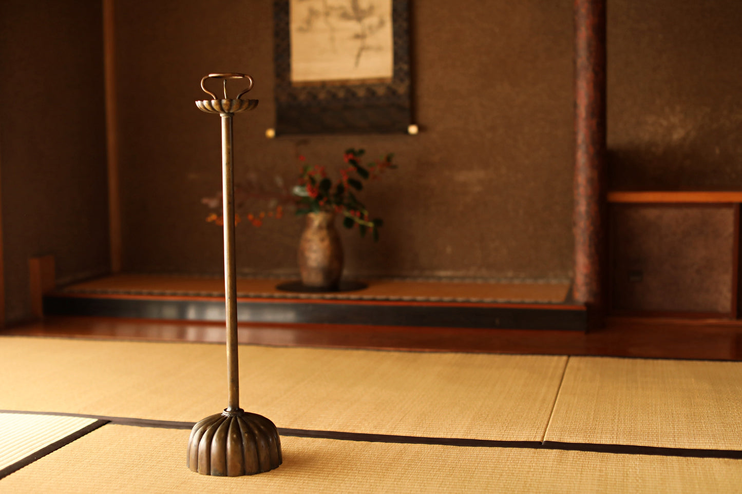 Japan Antique Brass candle holder metal carving Flower Shape Candlestick Single Lantern Shokudai From Buddhist temple 1900s H27in/H68.5cm
