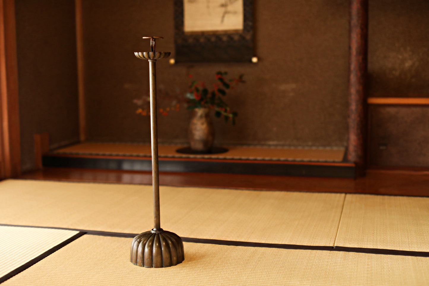 Japan Antique Brass candle holder metal carving Flower Shape Candlestick Single Lantern Shokudai From Buddhist temple 1900s H27in/H68.5cm