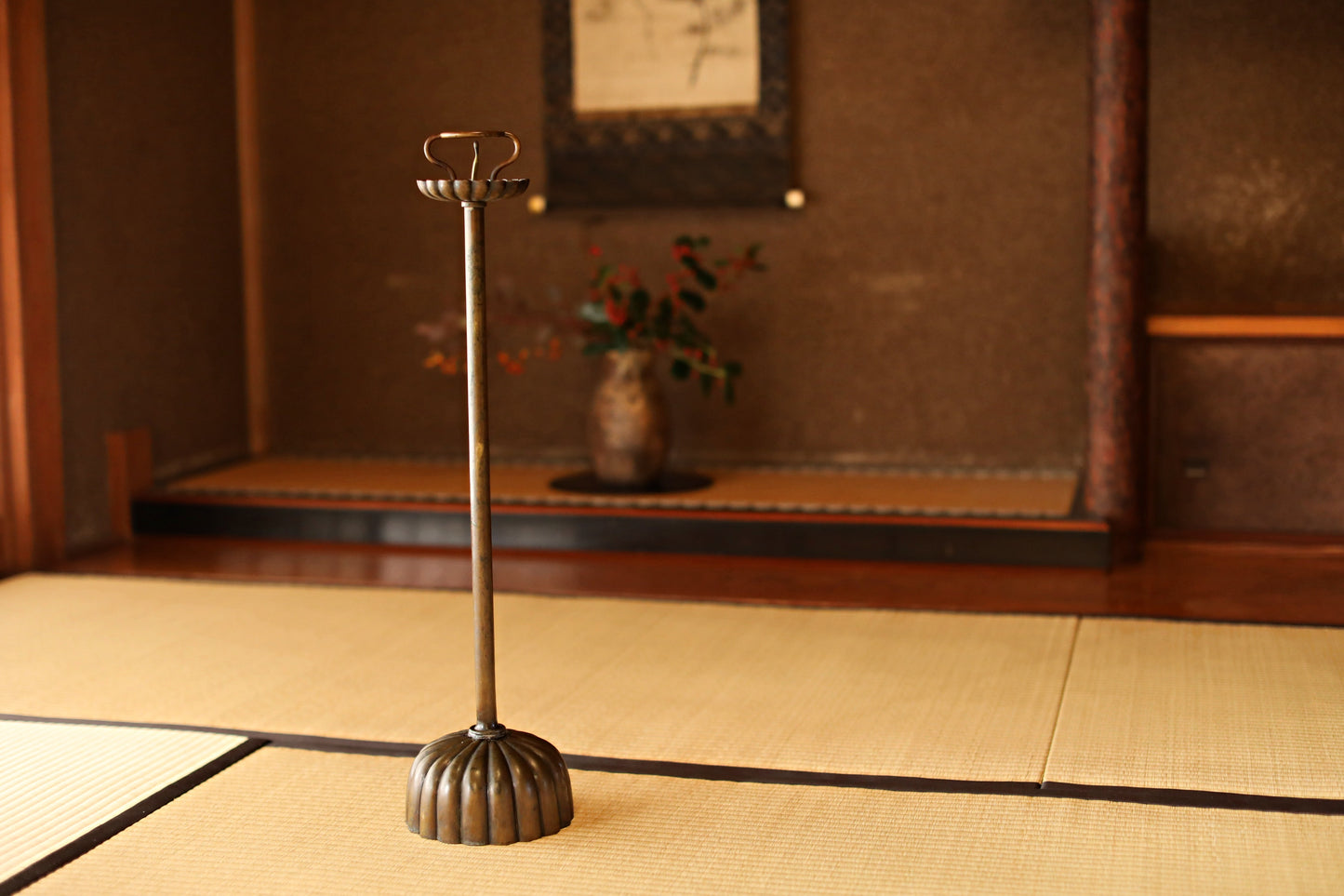 Japan Antique Brass candle holder metal carving Flower Shape Candlestick Single Lantern Shokudai From Buddhist temple 1900s H27in/H68.5cm