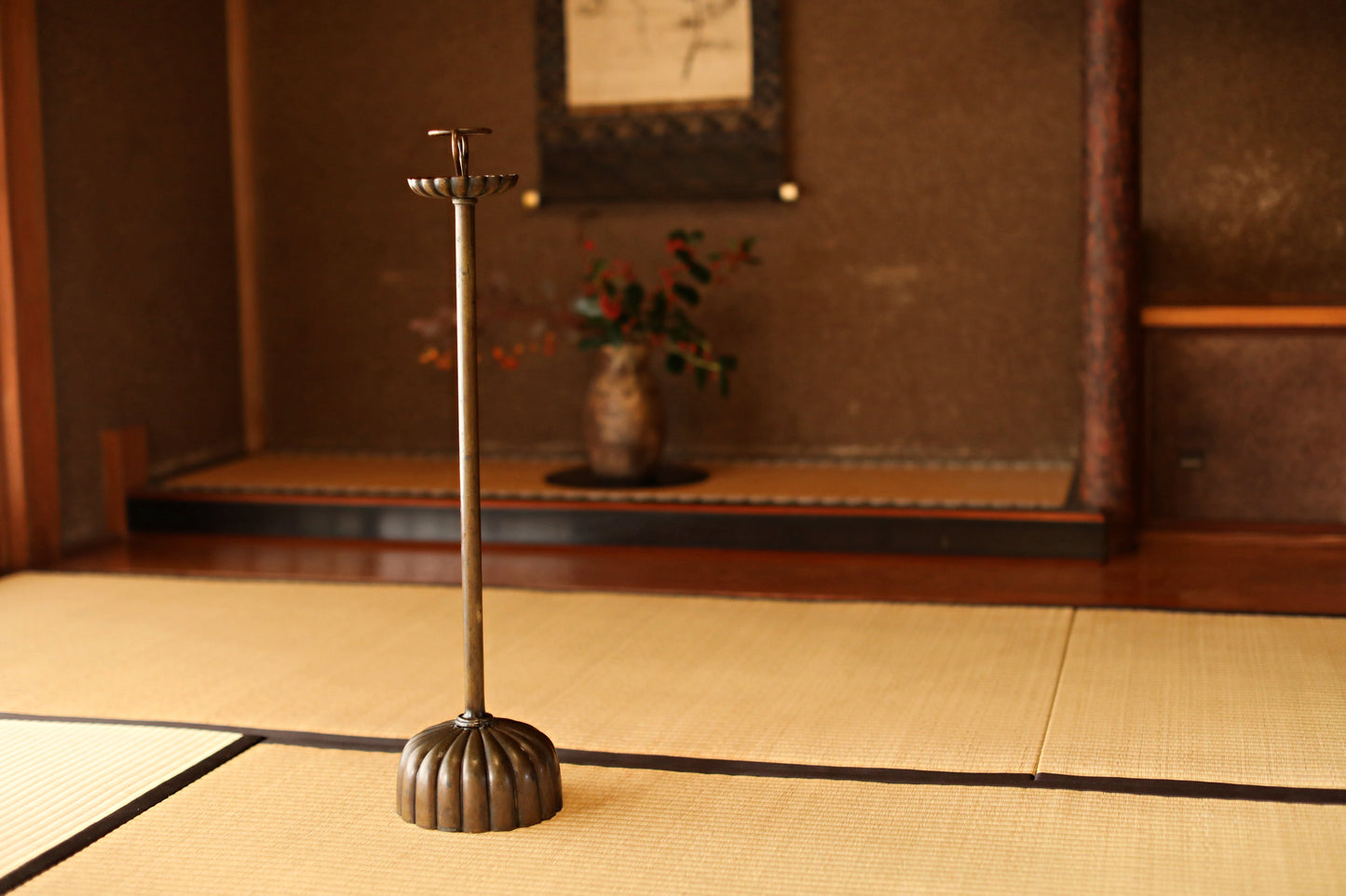 Japan Antique Brass candle holder metal carving Flower Shape Candlestick Single Lantern Shokudai From Buddhist temple 1900s H27in/H68.5cm