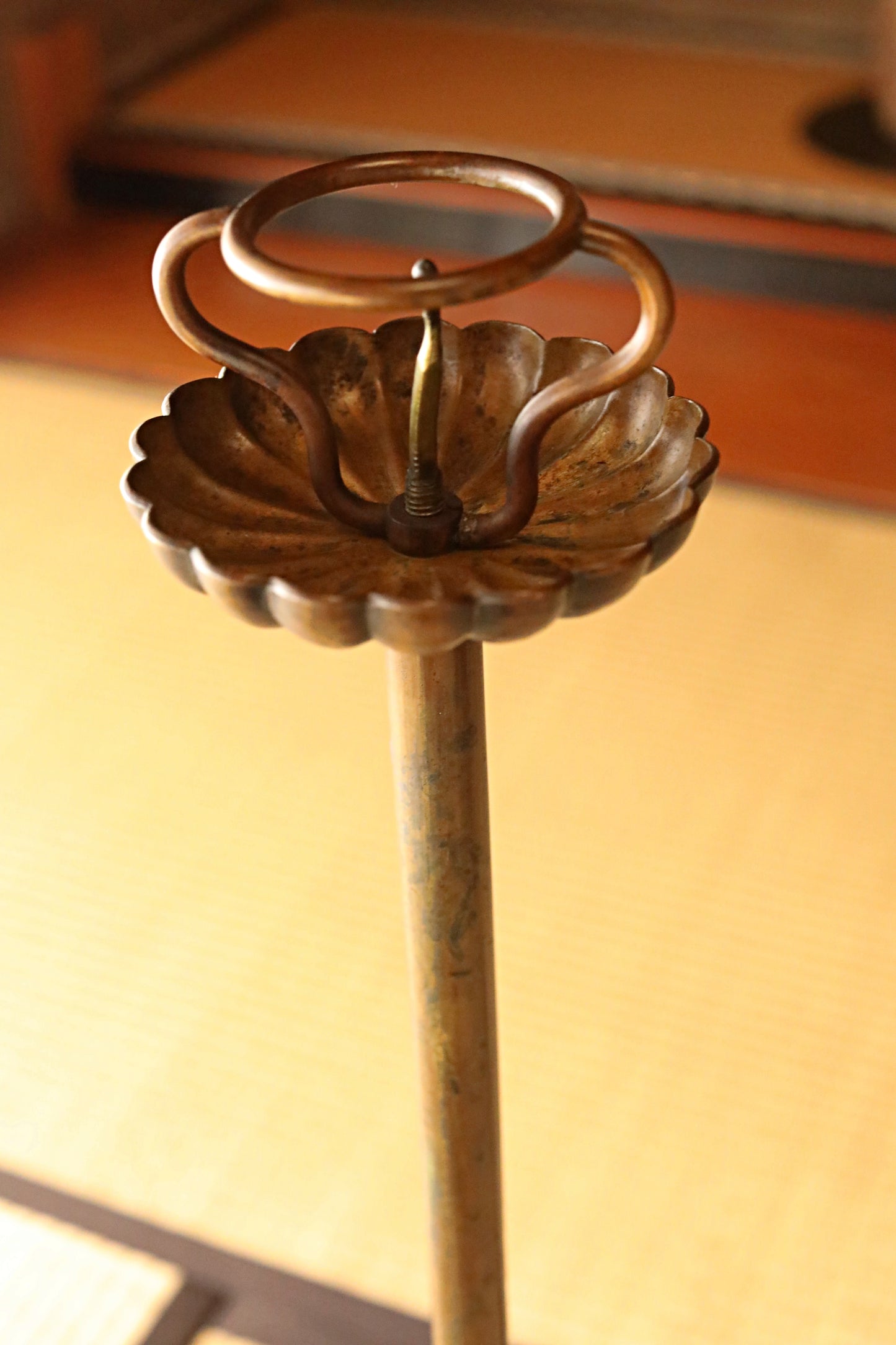 Japan Antique Brass candle holder metal carving Flower Shape Candlestick Single Lantern Shokudai From Buddhist temple 1900s H27in/H68.5cm