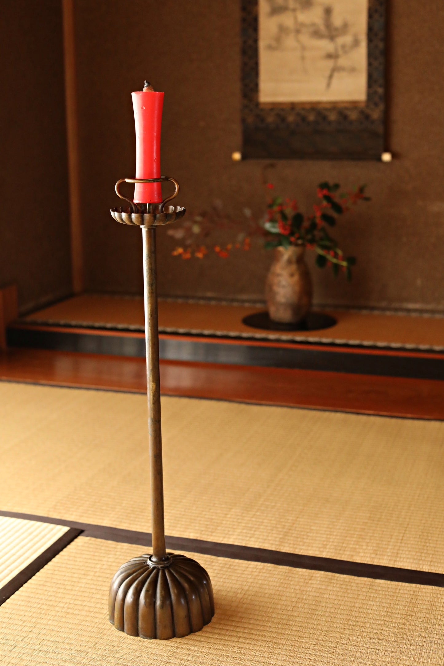 Japan Antique Brass candle holder metal carving Flower Shape Candlestick Single Lantern Shokudai From Buddhist temple 1900s H27in/H68.5cm