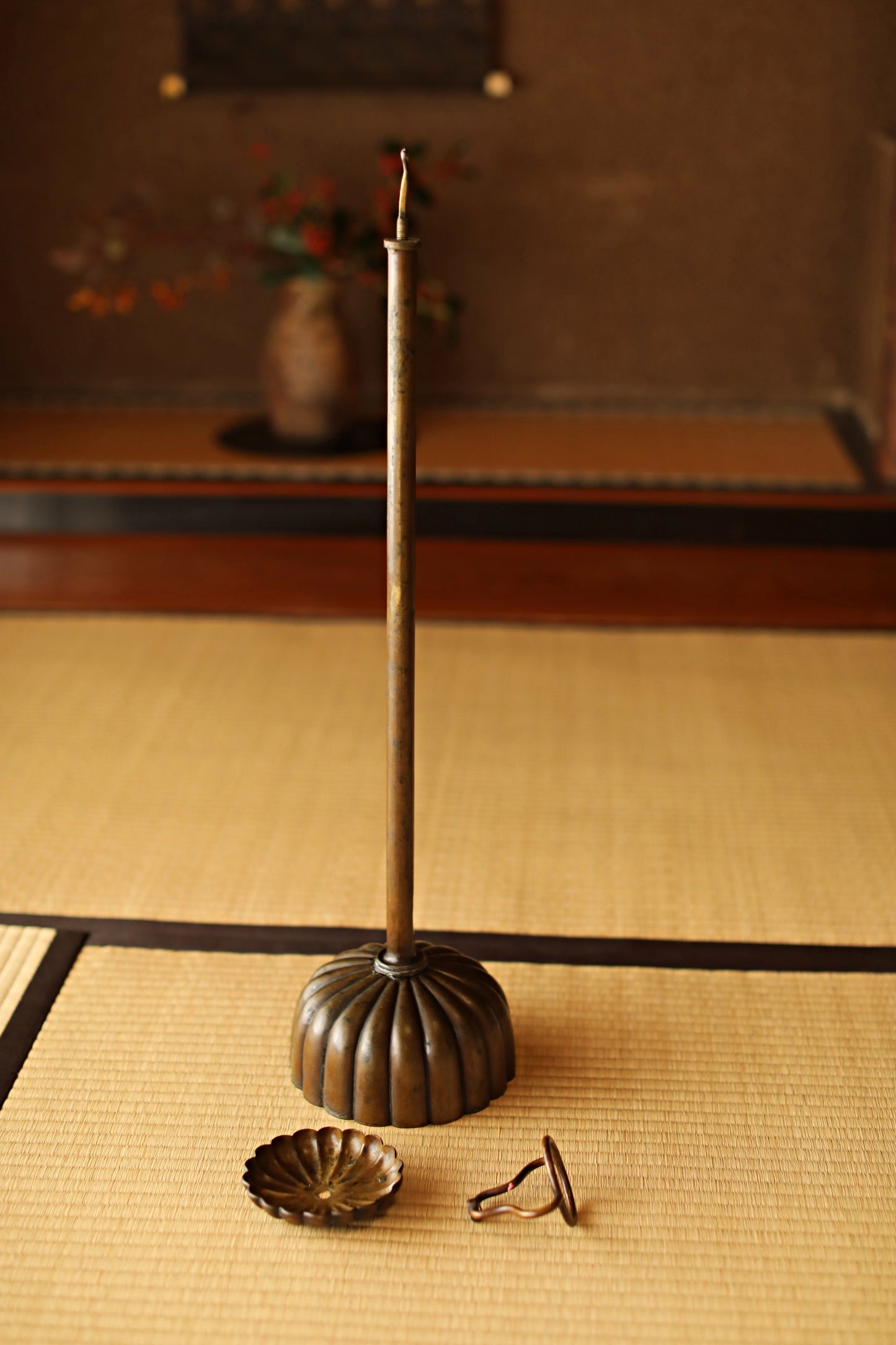 Japan Antique Brass candle holder metal carving Flower Shape Candlestick Single Lantern Shokudai From Buddhist temple 1900s H27in/H68.5cm