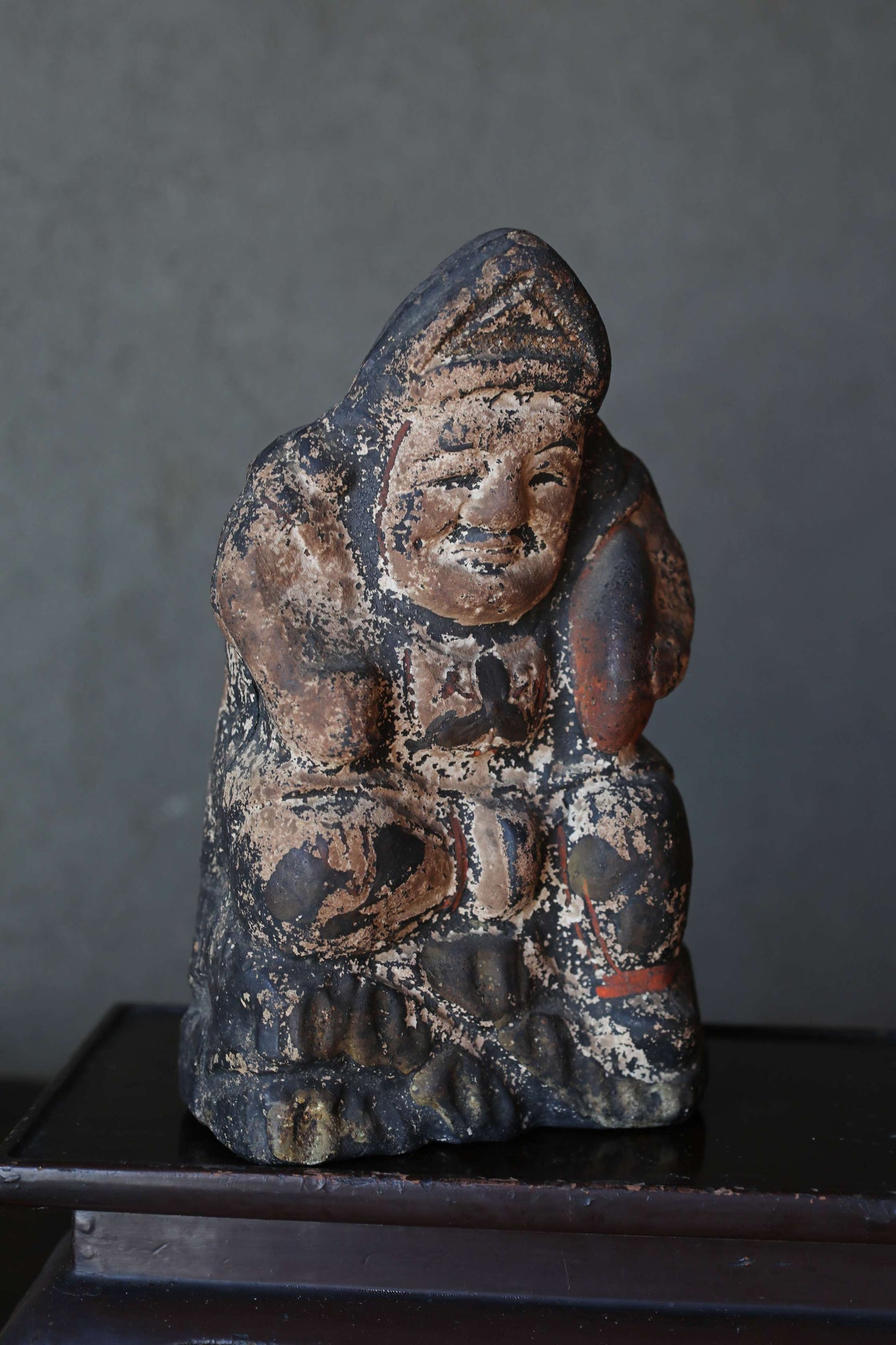 Primitive Style art- Antique Ebisu Pottery Statue, Edo Japan Lucky God