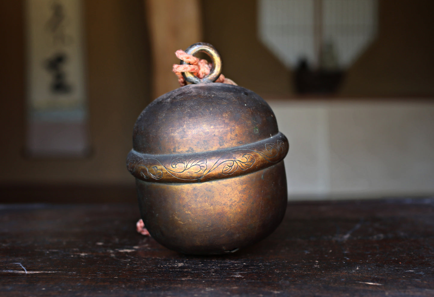 Japanese Antique 1700s big bronze bell Shinto shrine with singed,  arabesque patterns