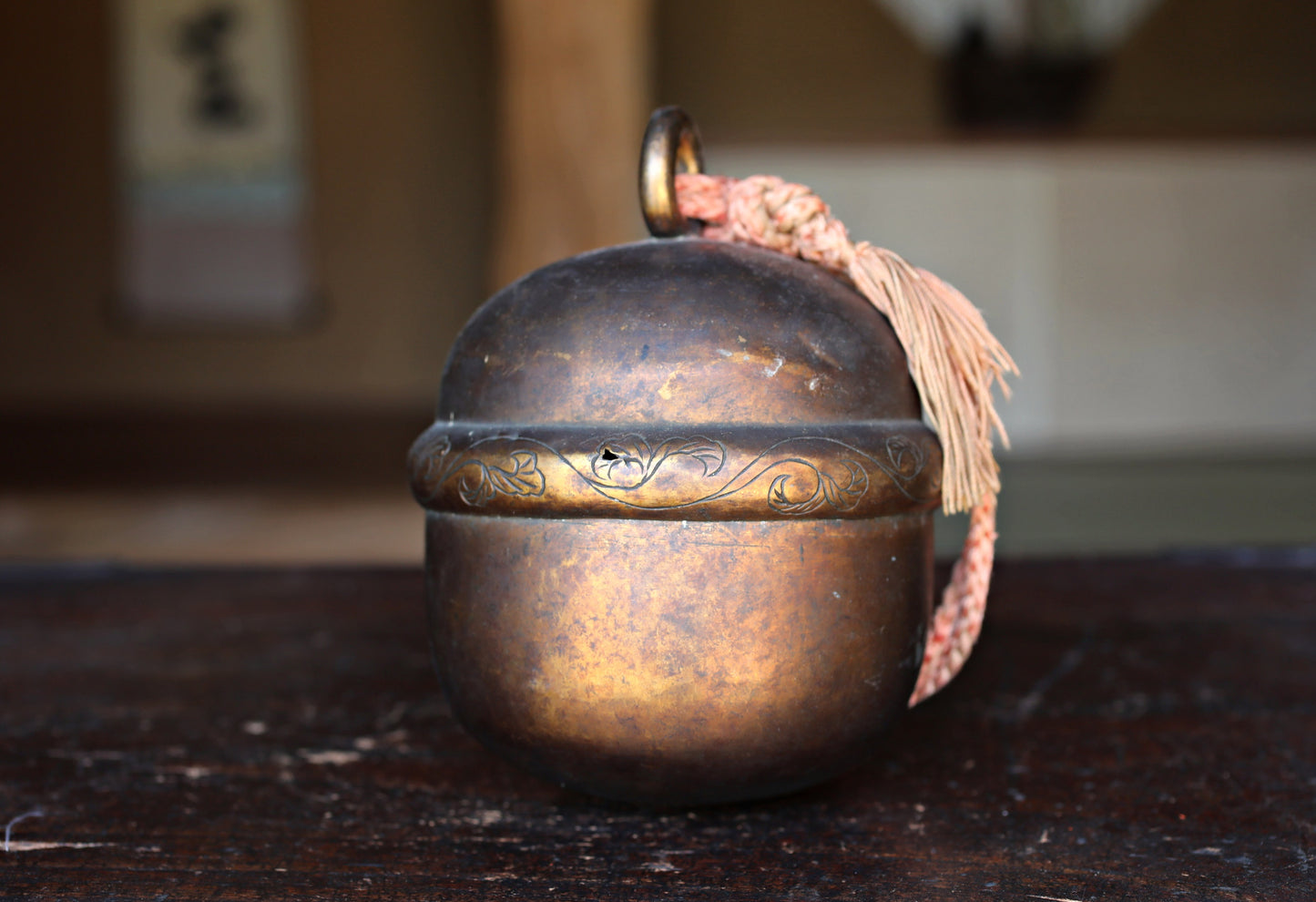 Japanese Antique 1700s big bronze bell Shinto shrine with singed,  arabesque patterns