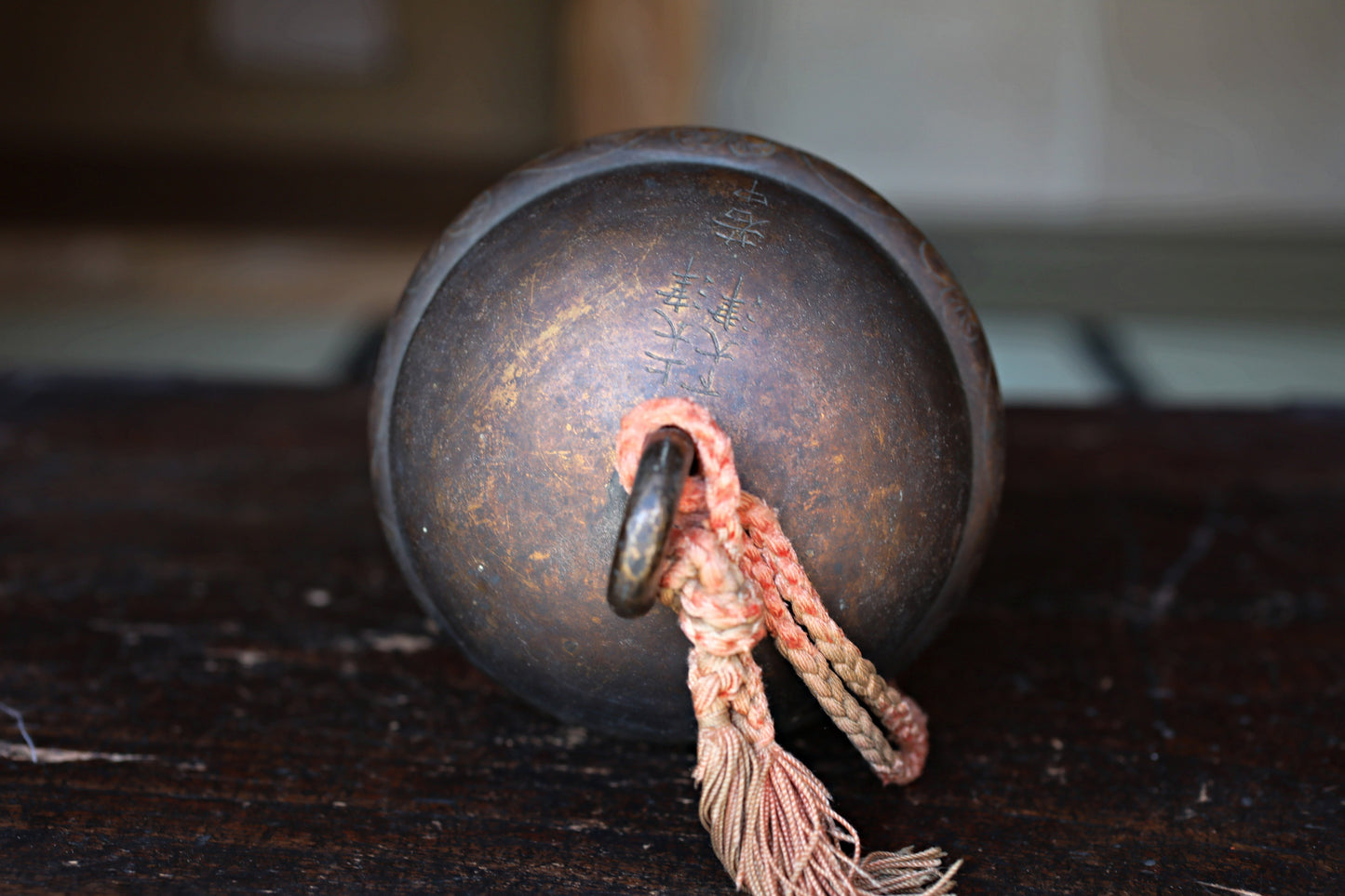Japanese Antique 1700s big bronze bell Shinto shrine with singed,  arabesque patterns