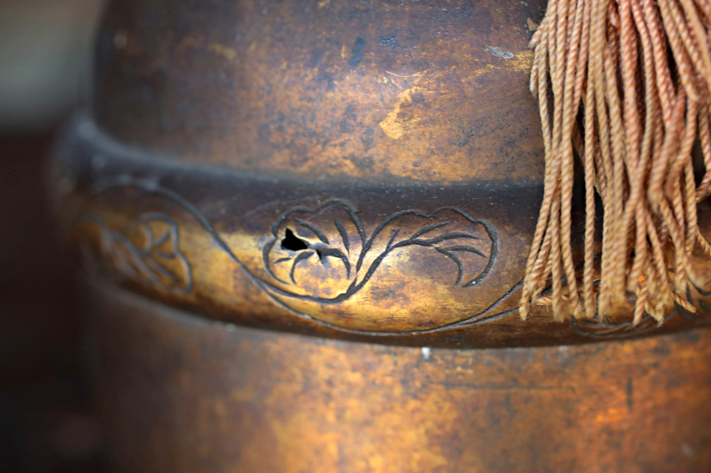 Japanese Antique 1700s big bronze bell Shinto shrine with singed,  arabesque patterns