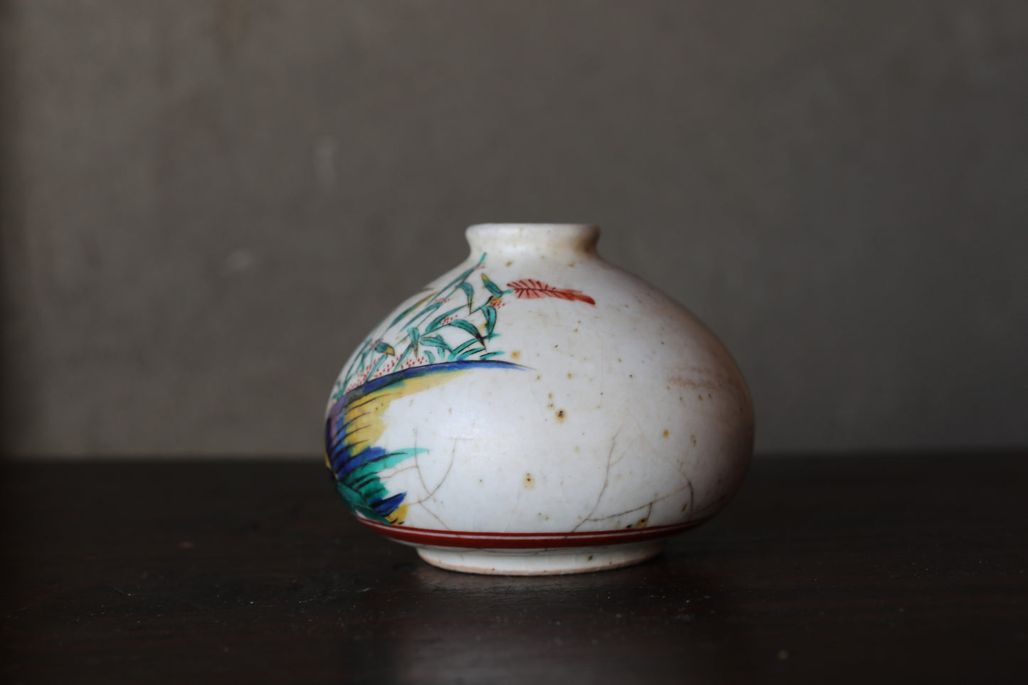 Antique Japanese Edo Koimari bud vase: hand painting bird, flower