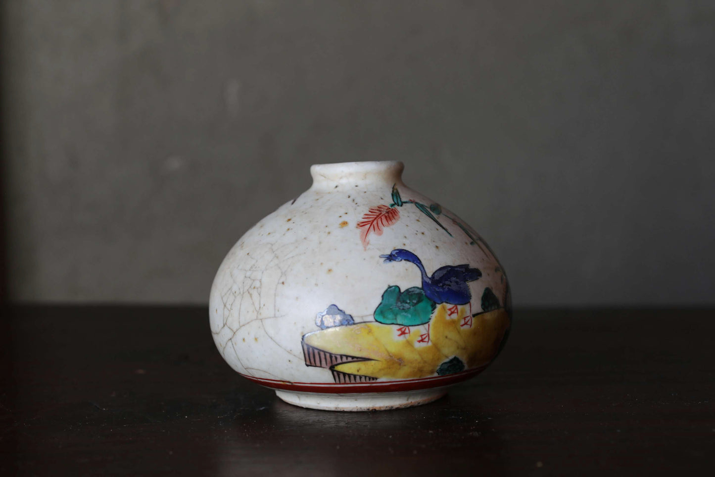 Antique Japanese Edo Koimari bud vase: hand painting bird, flower