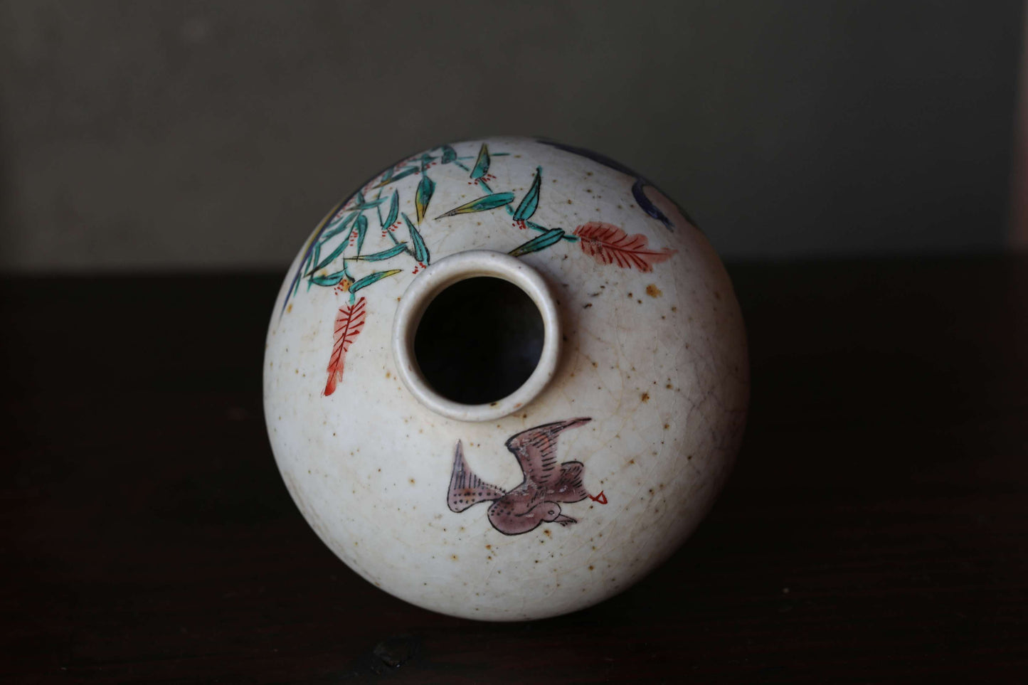 Antique Japanese Edo Koimari bud vase: hand painting bird, flower