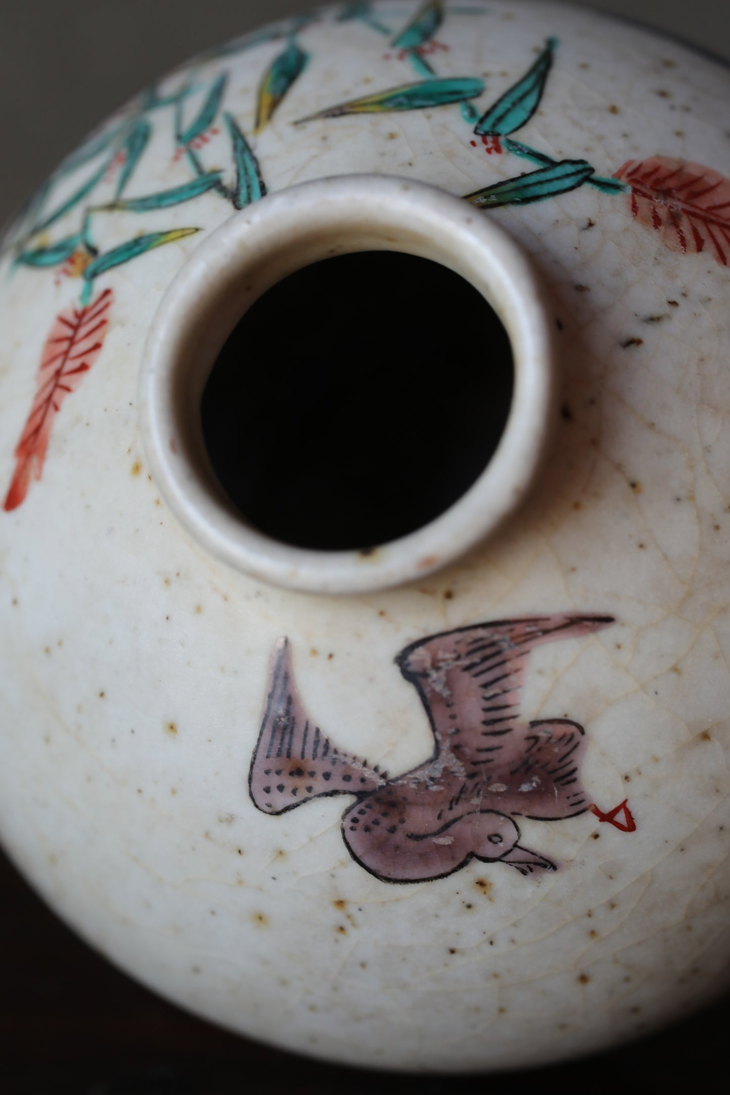 Antique Japanese Edo Koimari bud vase: hand painting bird, flower