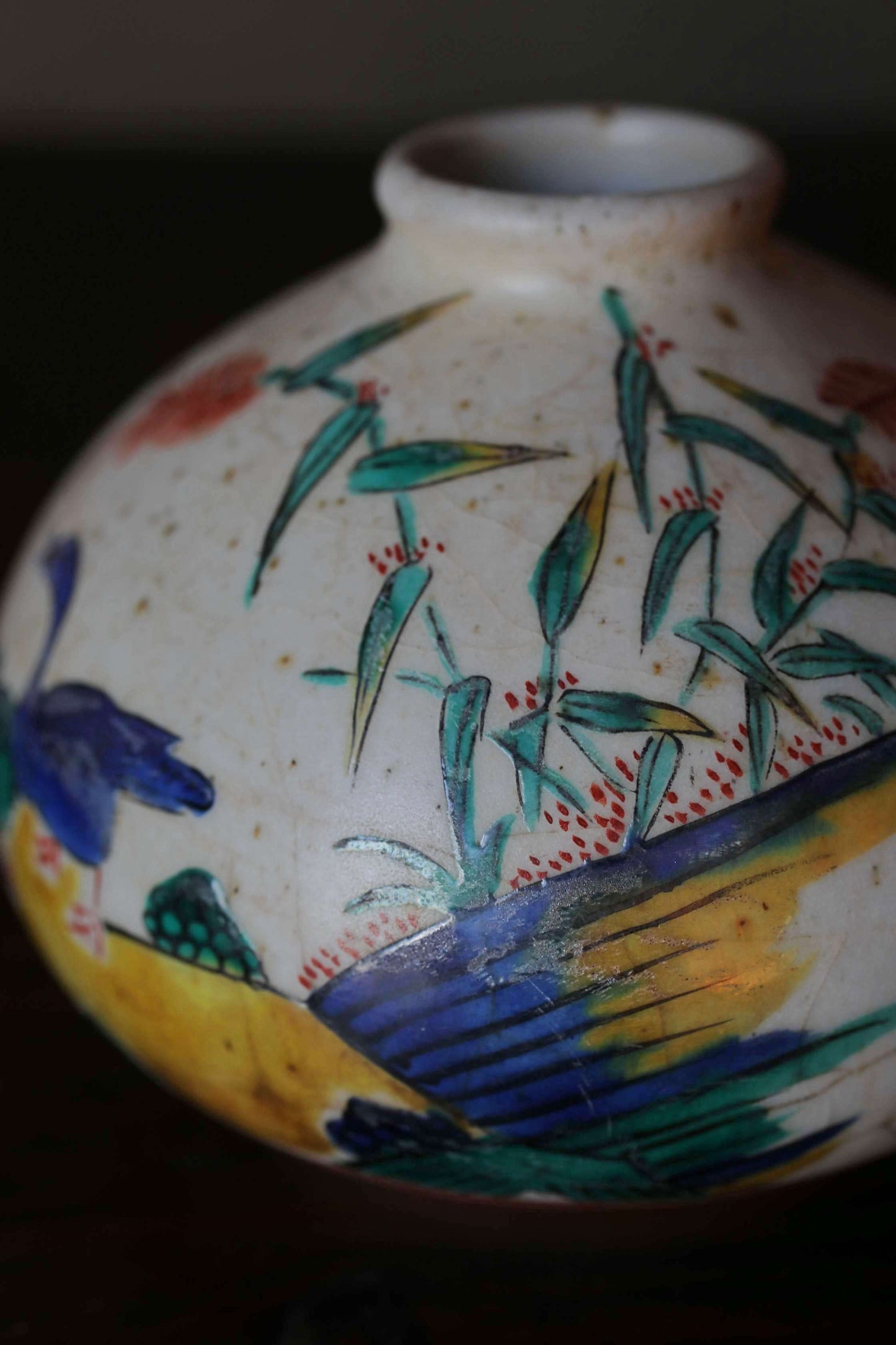 Antique Japanese Edo Koimari bud vase: hand painting bird, flower