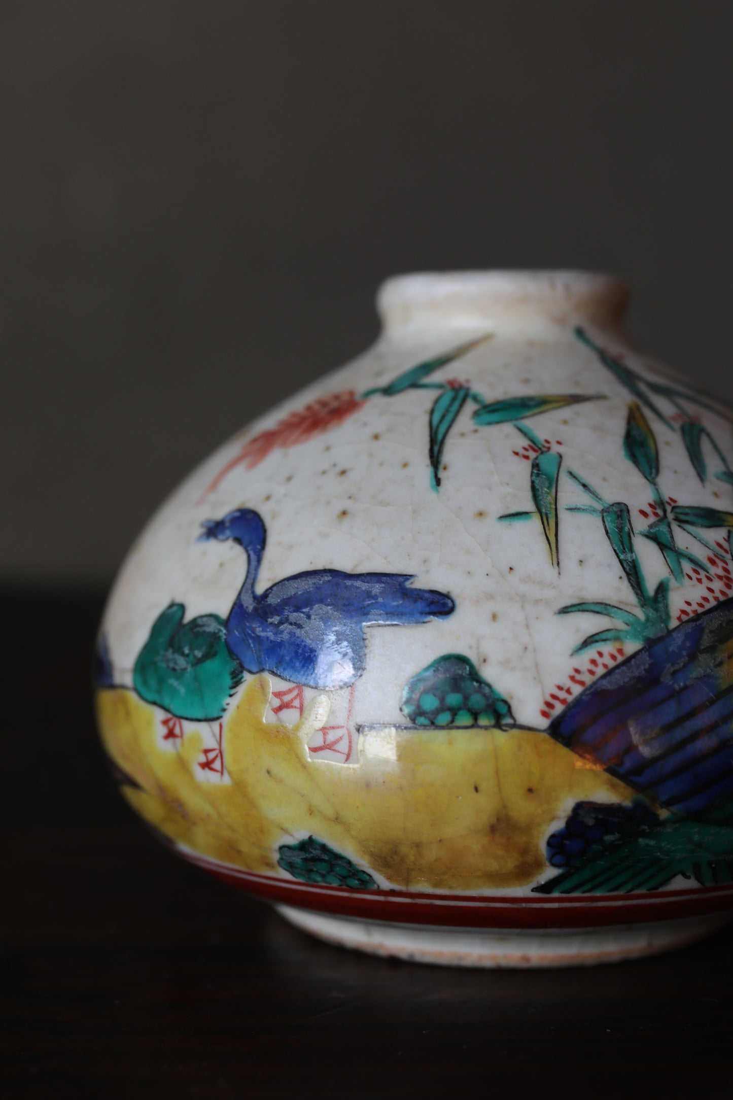 Antique Japanese Edo Koimari bud vase: hand painting bird, flower