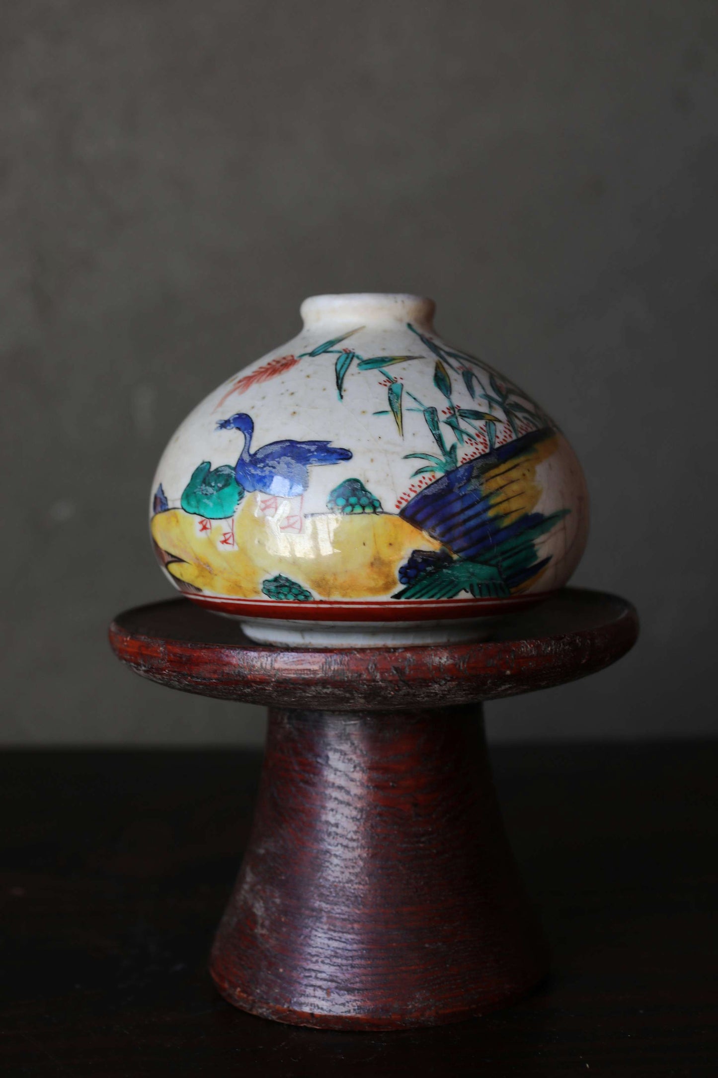 Antique Japanese Edo Koimari bud vase: hand painting bird, flower