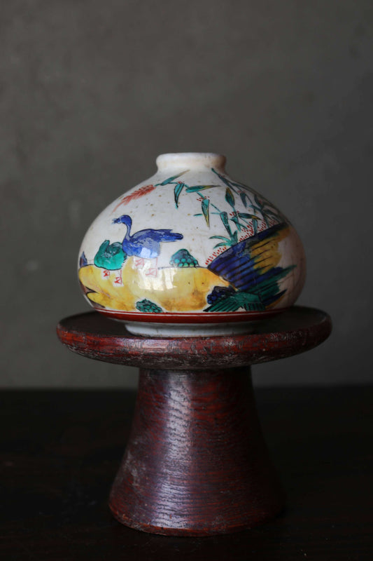Antique Japanese Edo Koimari bud vase: hand painting bird, flower
