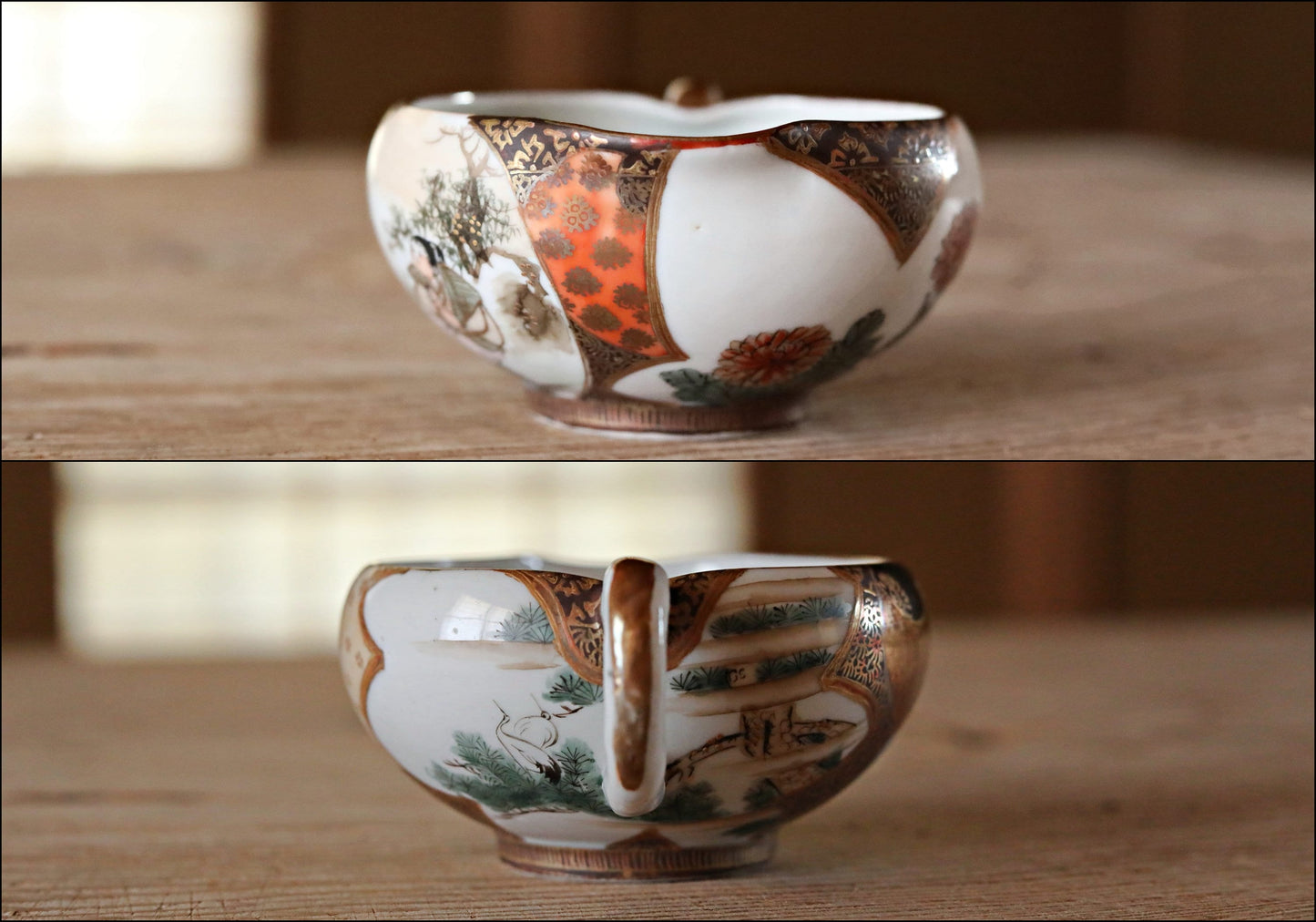 Kutani Antique Tea Cups - Hand-Painted Crane & Flower Porcelain Set of 4