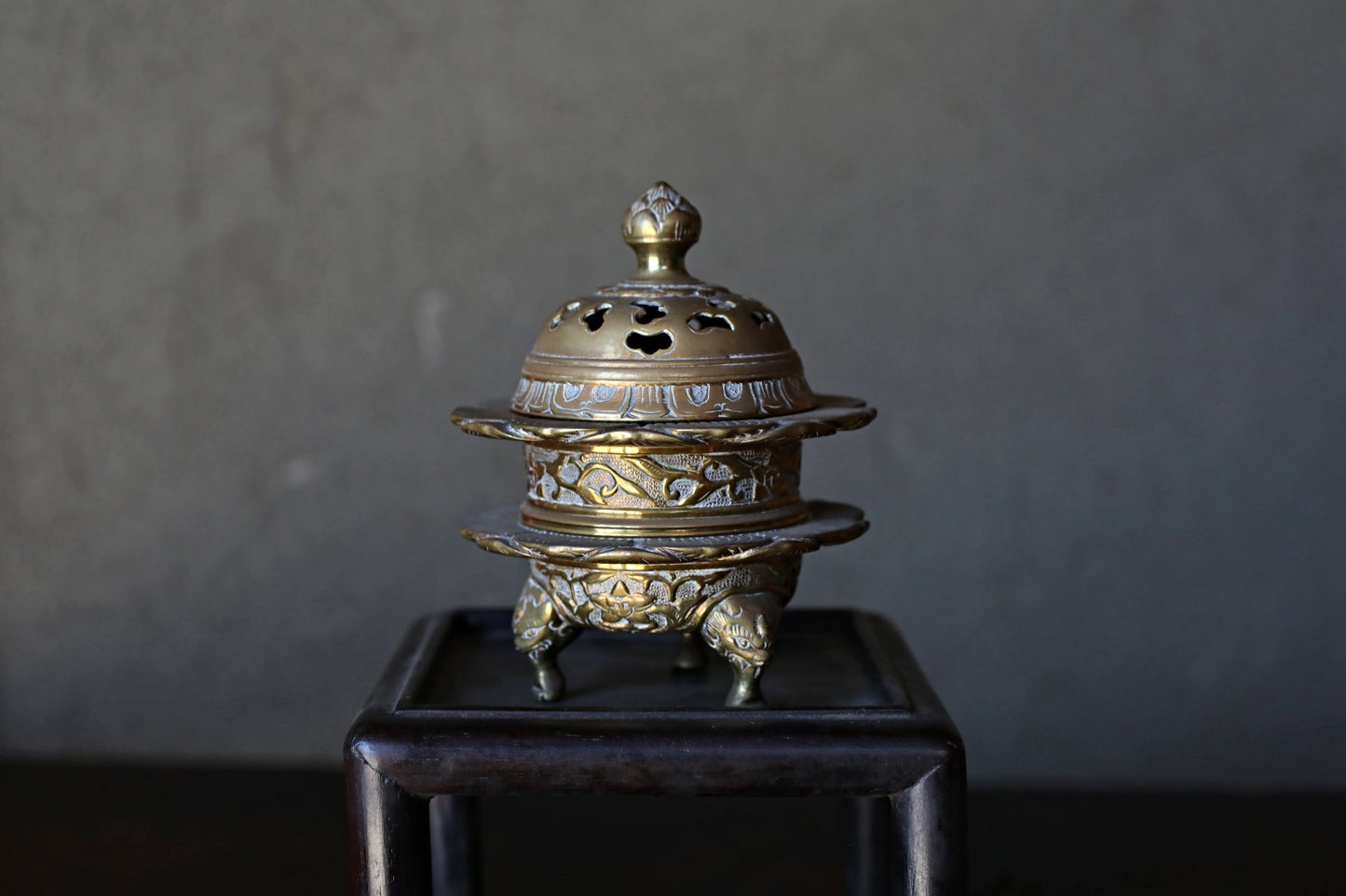 Antique Brass Buddhist Lion Censer, Japanese Incense Holder Lotus