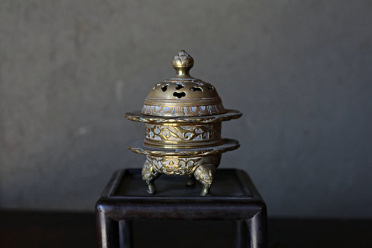 Antique Brass Buddhist Lion Censer, Japanese Incense Holder Lotus