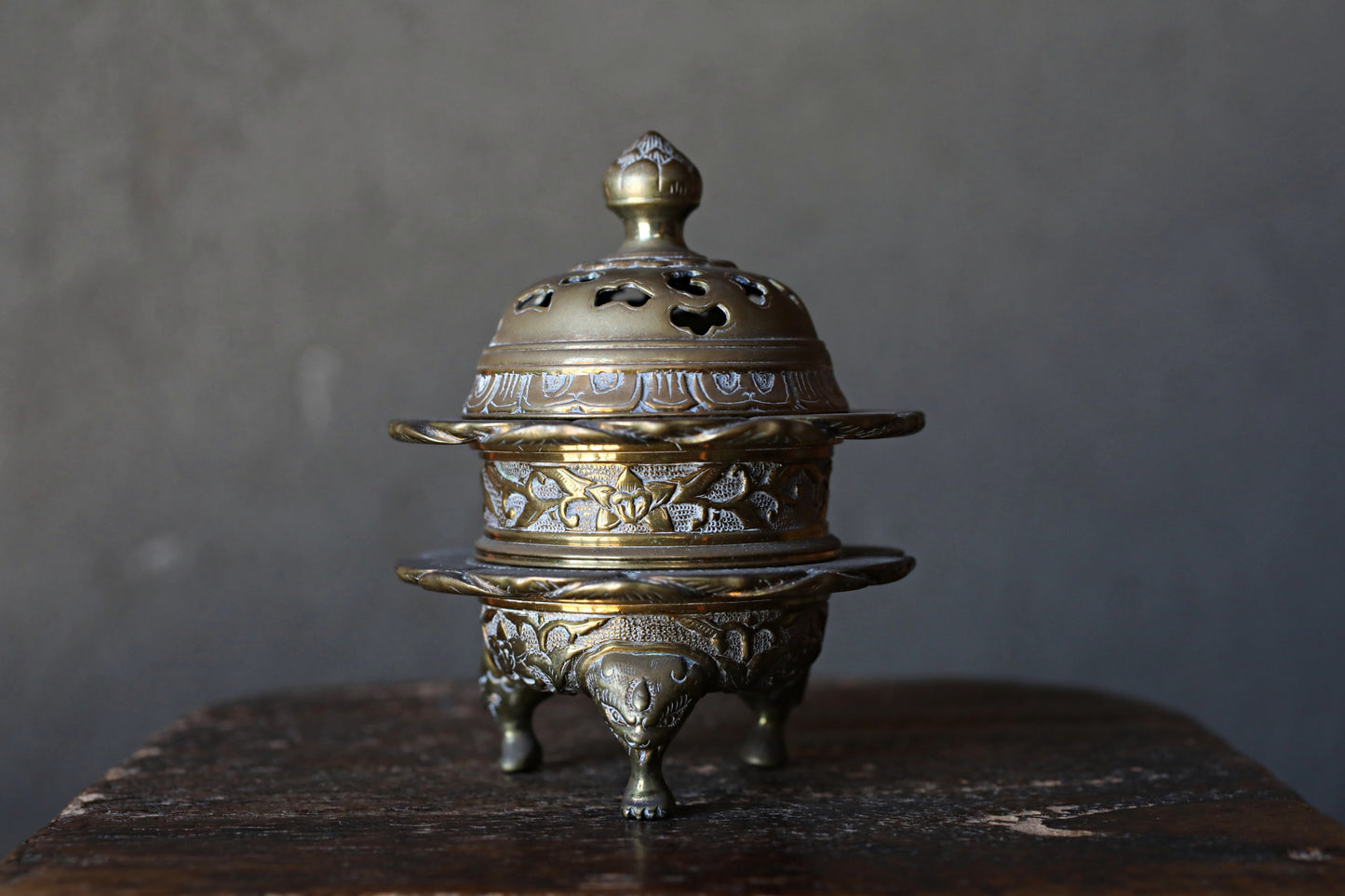 Antique Brass Buddhist Lion Censer, Japanese Incense Holder Lotus