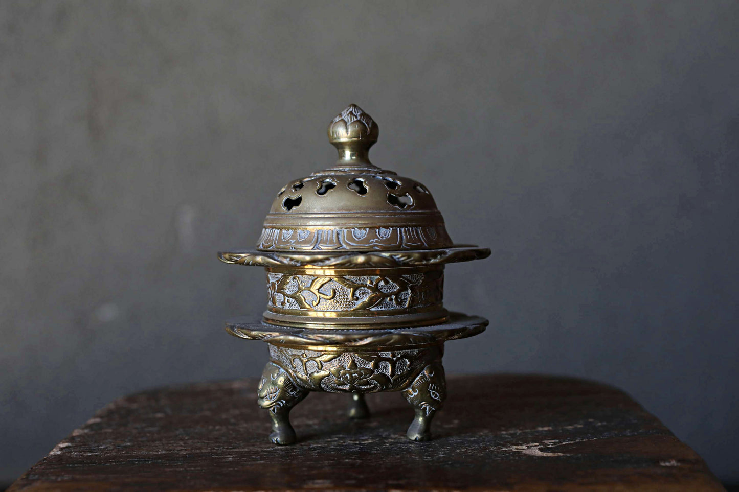 Antique Brass Buddhist Lion Censer, Japanese Incense Holder Lotus