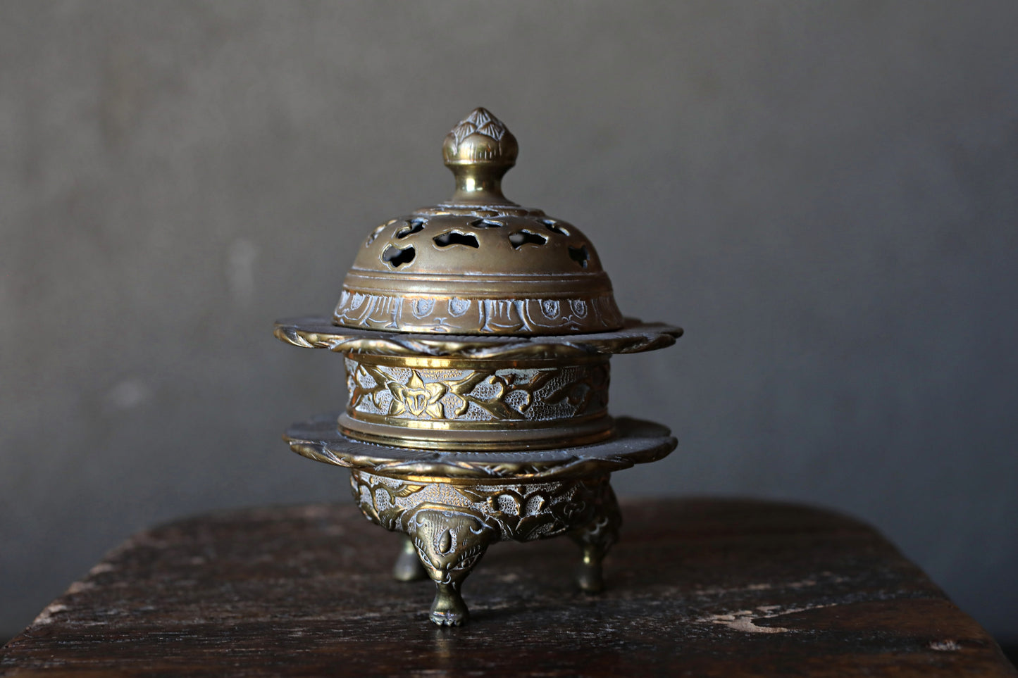 Antique Brass Buddhist Lion Censer, Japanese Incense Holder Lotus