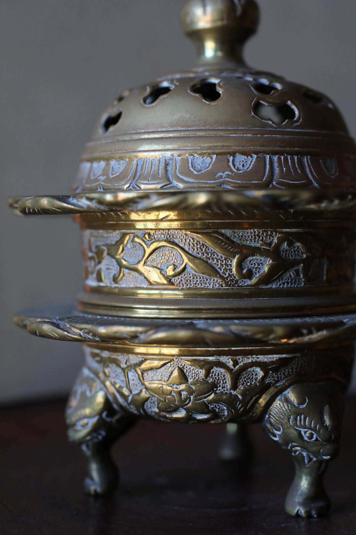 Antique Brass Buddhist Lion Censer, Japanese Incense Holder Lotus