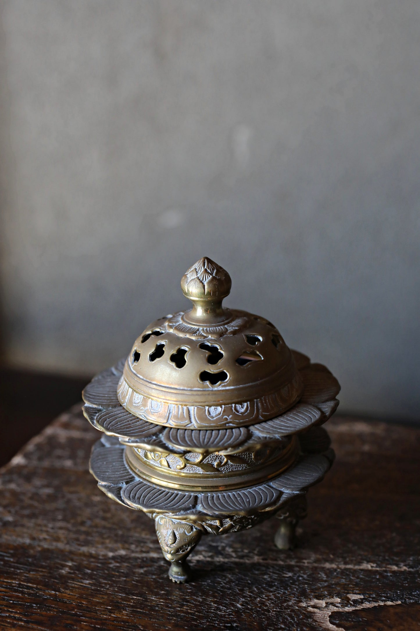 Antique Brass Buddhist Lion Censer, Japanese Incense Holder Lotus