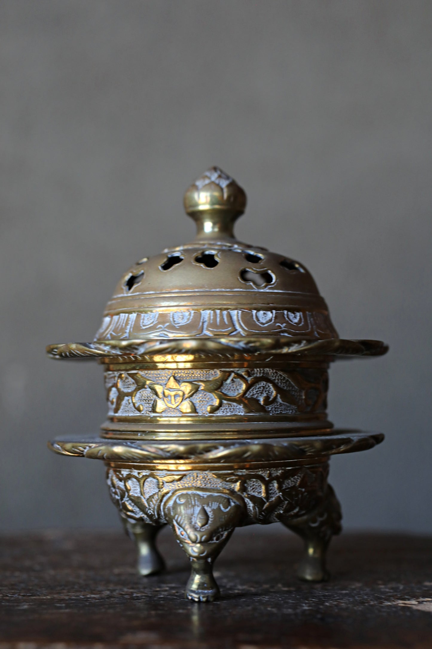 Antique Brass Buddhist Lion Censer, Japanese Incense Holder Lotus