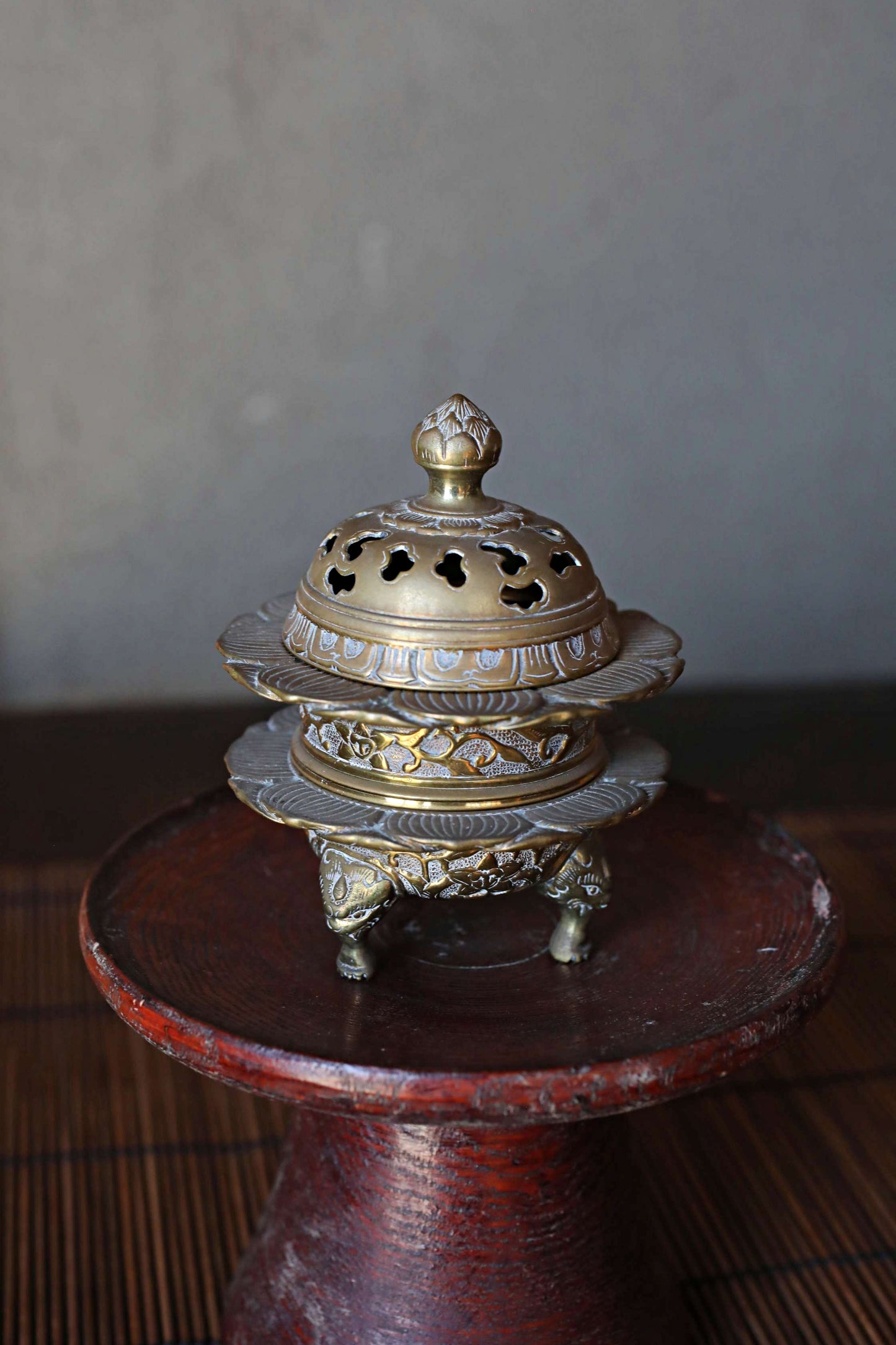 Antique Brass Buddhist Lion Censer, Japanese Incense Holder Lotus