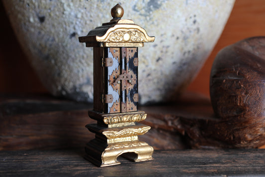 Vintage Japanese Buddhist Ihai Shrine: Gold Lacquer metal craft Ancestral Altar 1960s H7.3in/H18.5cm
