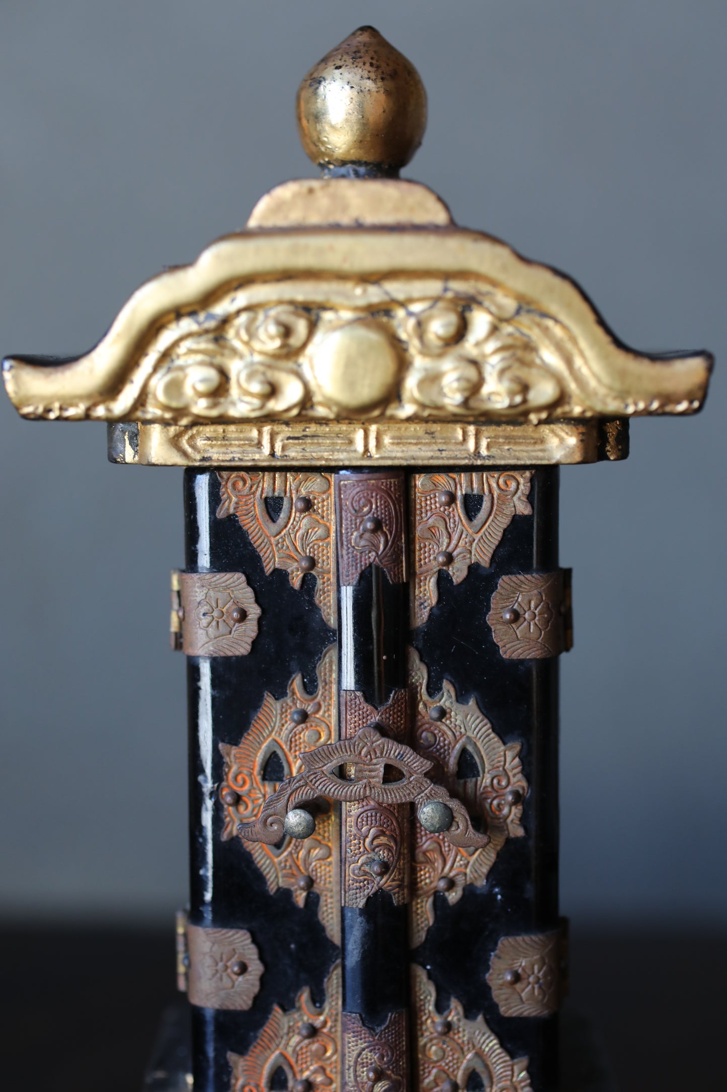 Vintage Japanese Buddhist Ihai Shrine: Gold Lacquer metal craft Ancestral Altar 1960s H7.3in/H18.5cm