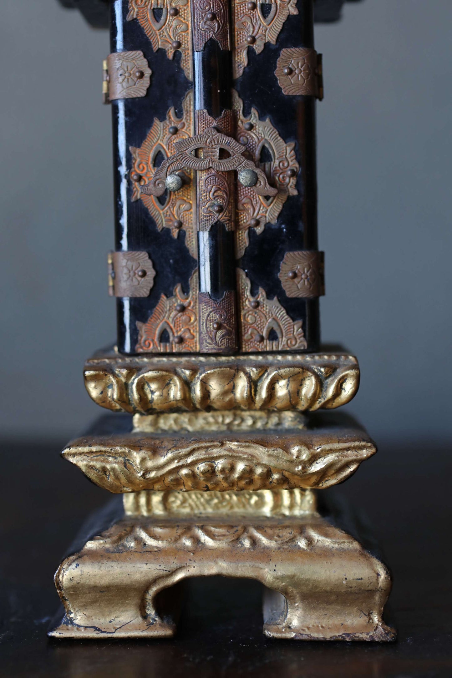 Vintage Japanese Buddhist Ihai Shrine: Gold Lacquer metal craft Ancestral Altar 1960s H7.3in/H18.5cm