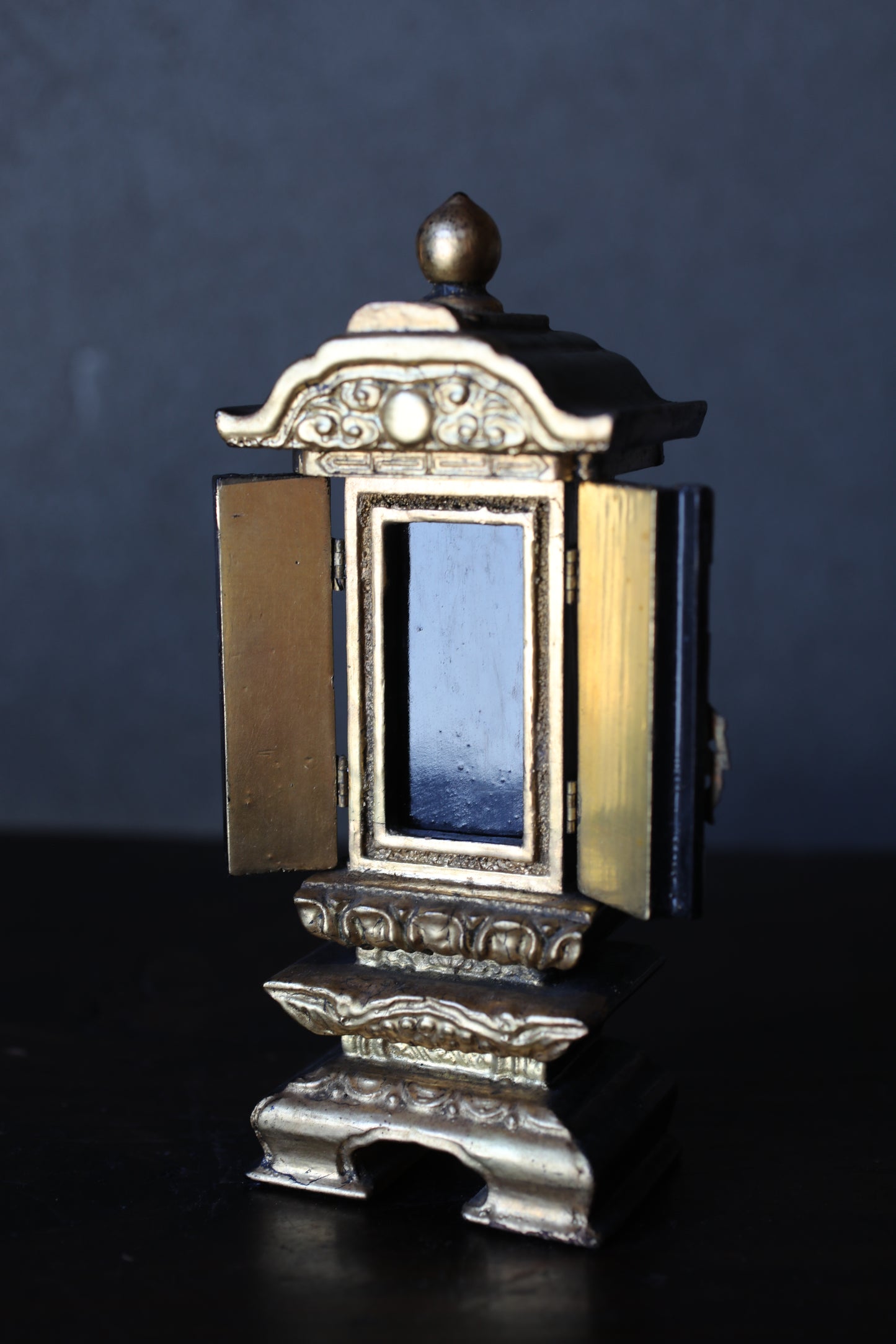 Vintage Japanese Buddhist Ihai Shrine: Gold Lacquer metal craft Ancestral Altar 1960s H7.3in/H18.5cm