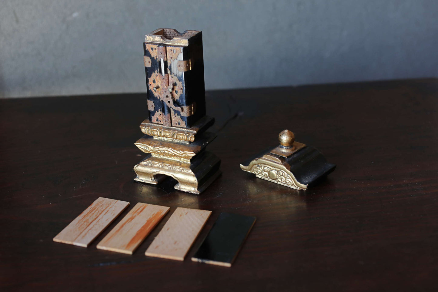 Vintage Japanese Buddhist Ihai Shrine: Gold Lacquer metal craft Ancestral Altar 1960s H7.3in/H18.5cm