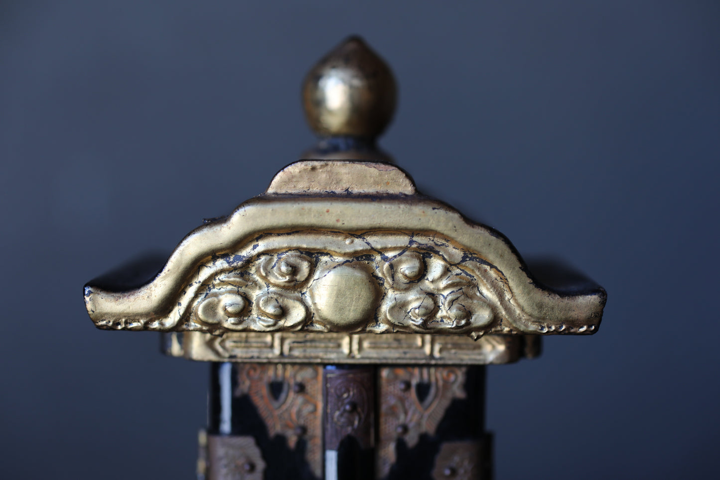 Vintage Japanese Buddhist Ihai Shrine: Gold Lacquer metal craft Ancestral Altar 1960s H7.3in/H18.5cm