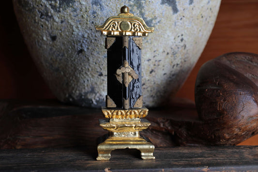 Vintage Japanese Buddhist Ihai Shrine: Gold Lacquer metal craft Ancestral Altar 1970s H8.5in/H21.5cm