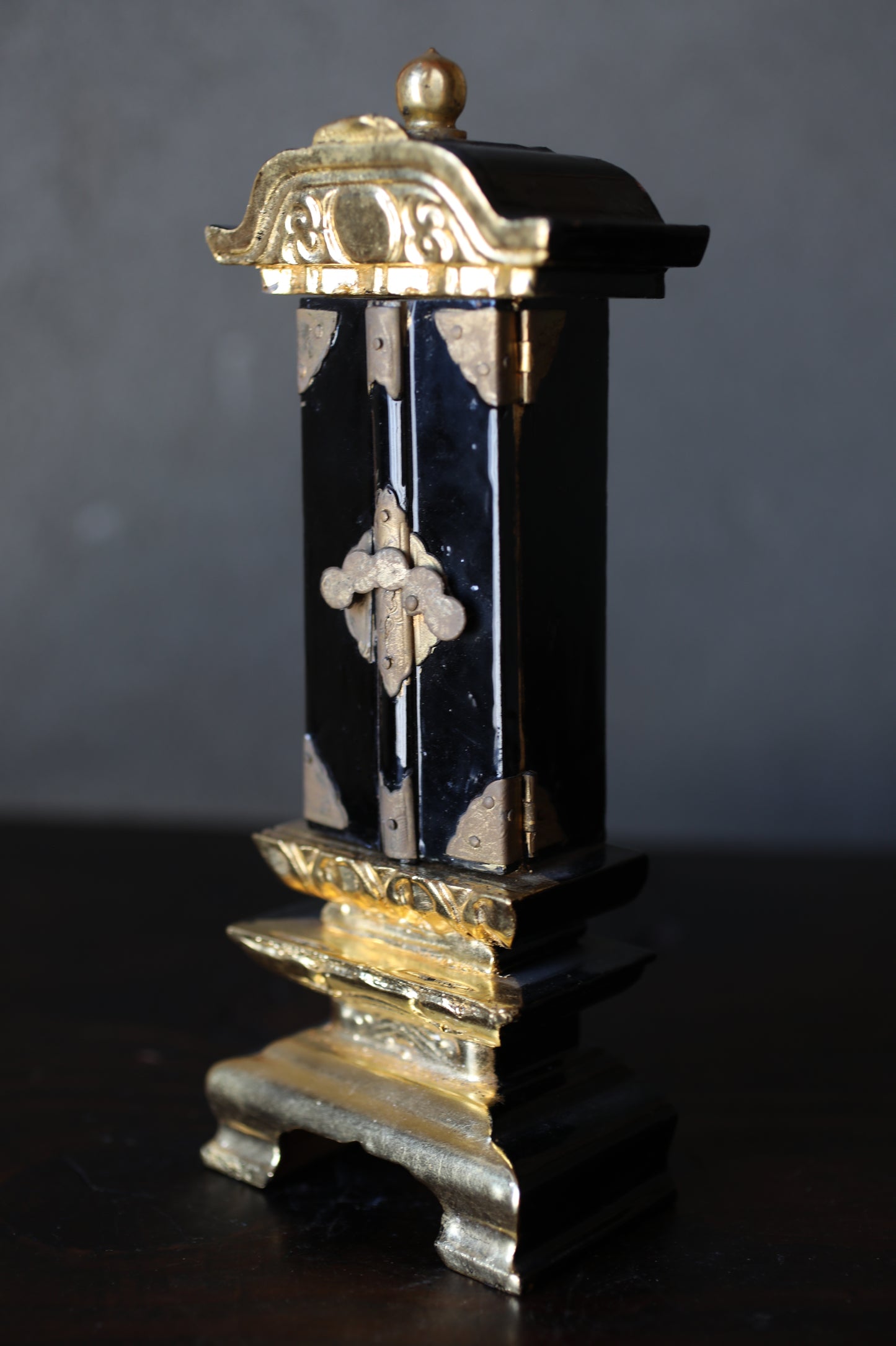 Vintage Japanese Buddhist Ihai Shrine: Gold Lacquer metal craft Ancestral Altar 1970s H8.5in/H21.5cm