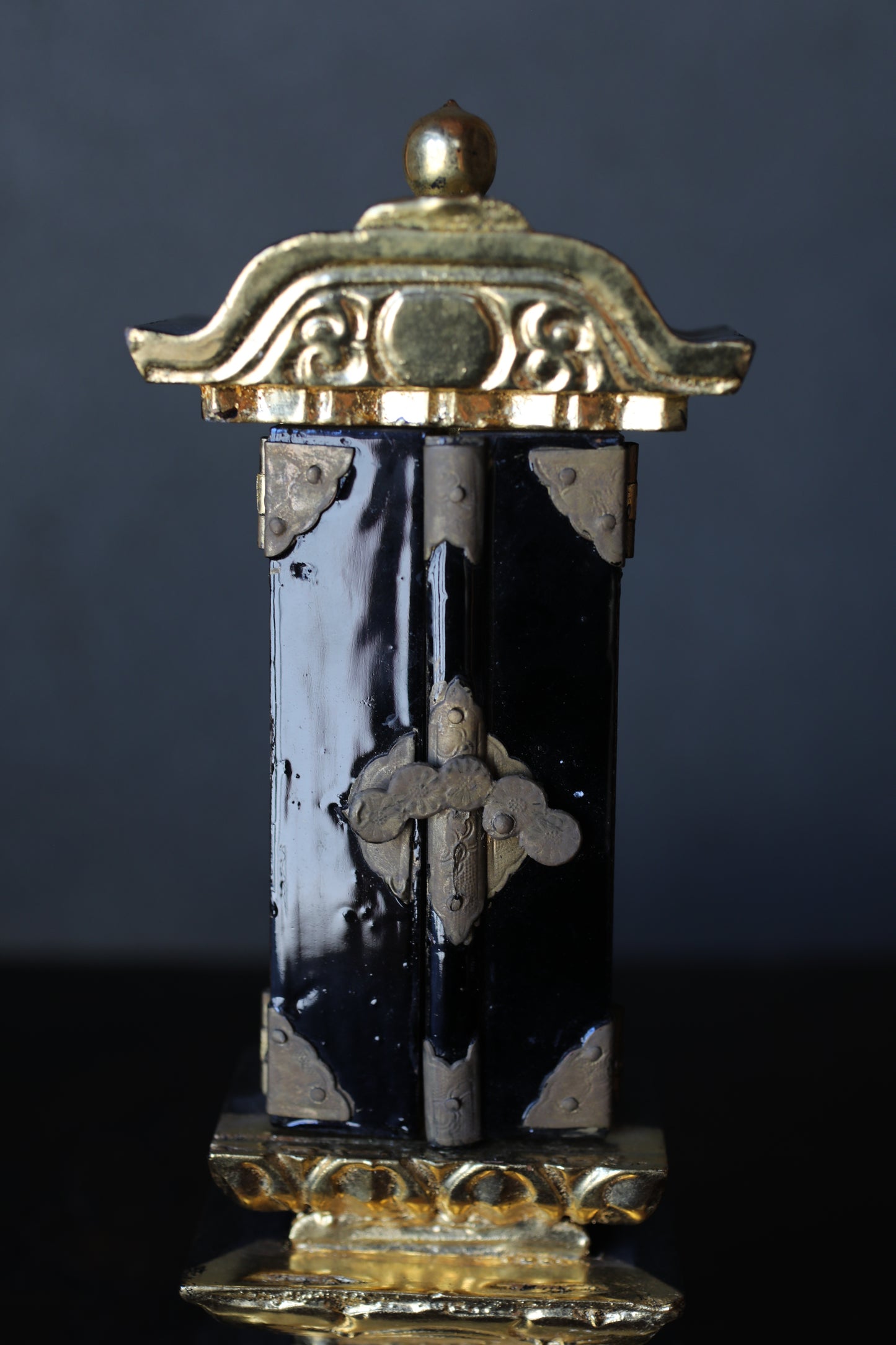 Vintage Japanese Buddhist Ihai Shrine: Gold Lacquer metal craft Ancestral Altar 1970s H8.5in/H21.5cm