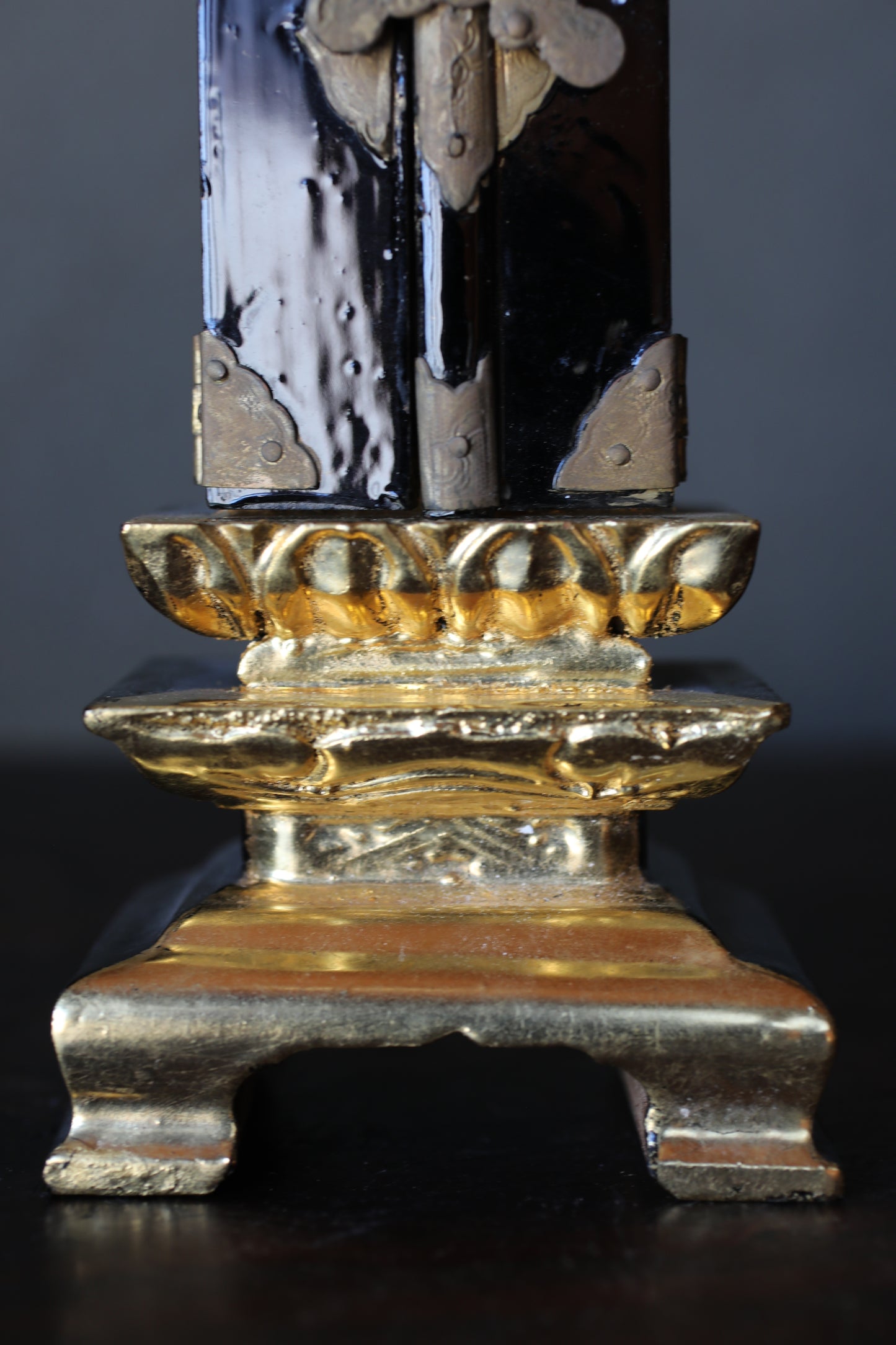 Vintage Japanese Buddhist Ihai Shrine: Gold Lacquer metal craft Ancestral Altar 1970s H8.5in/H21.5cm