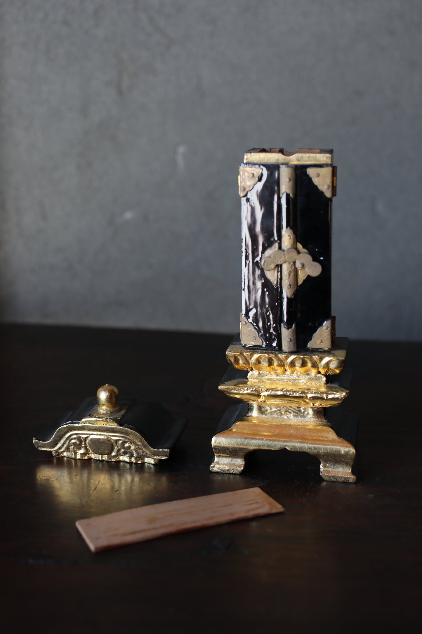 Vintage Japanese Buddhist Ihai Shrine: Gold Lacquer metal craft Ancestral Altar 1970s H8.5in/H21.5cm