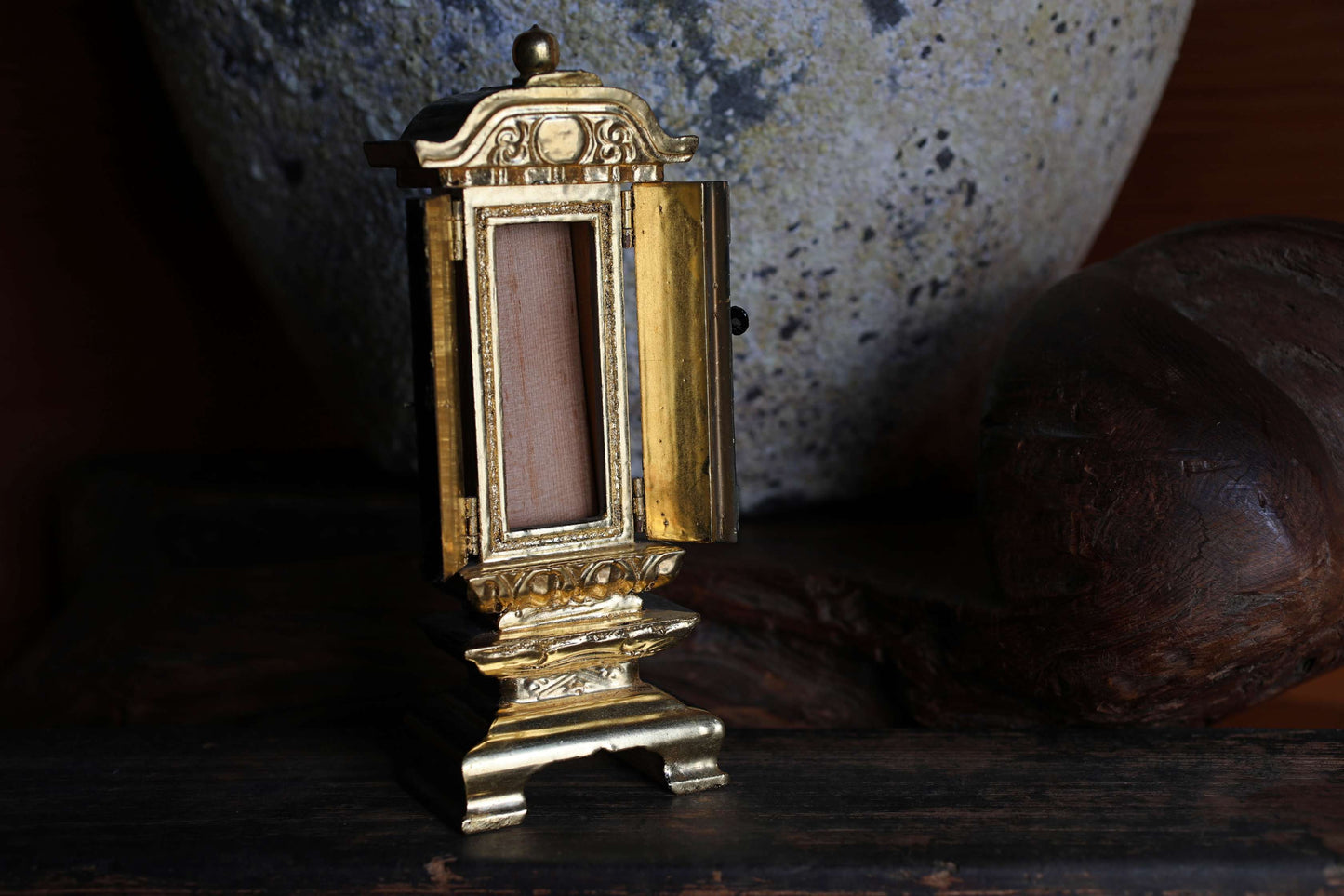 Vintage Japanese Buddhist Ihai Shrine: Gold Lacquer metal craft Ancestral Altar 1970s H8.5in/H21.5cm