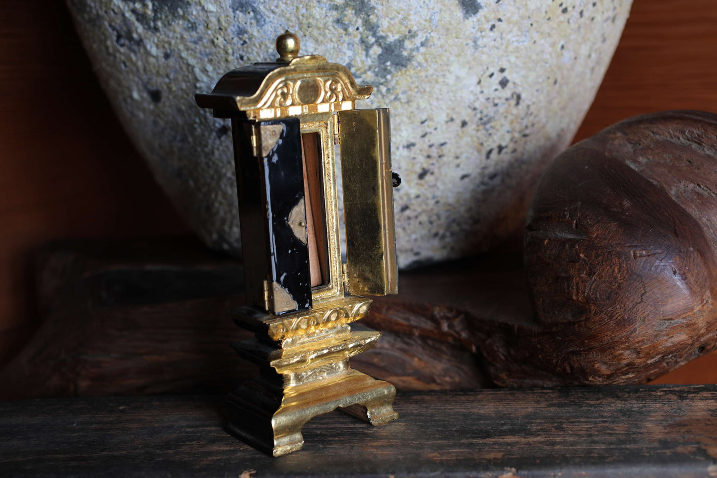 Vintage Japanese Buddhist Ihai Shrine: Gold Lacquer metal craft Ancestral Altar 1970s H8.5in/H21.5cm